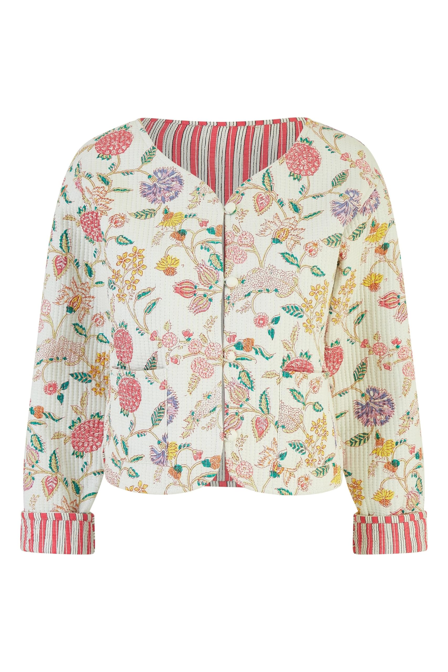 Yumi White Floral Print Reversible Cotton Cropped Quilted Jacket 16 White