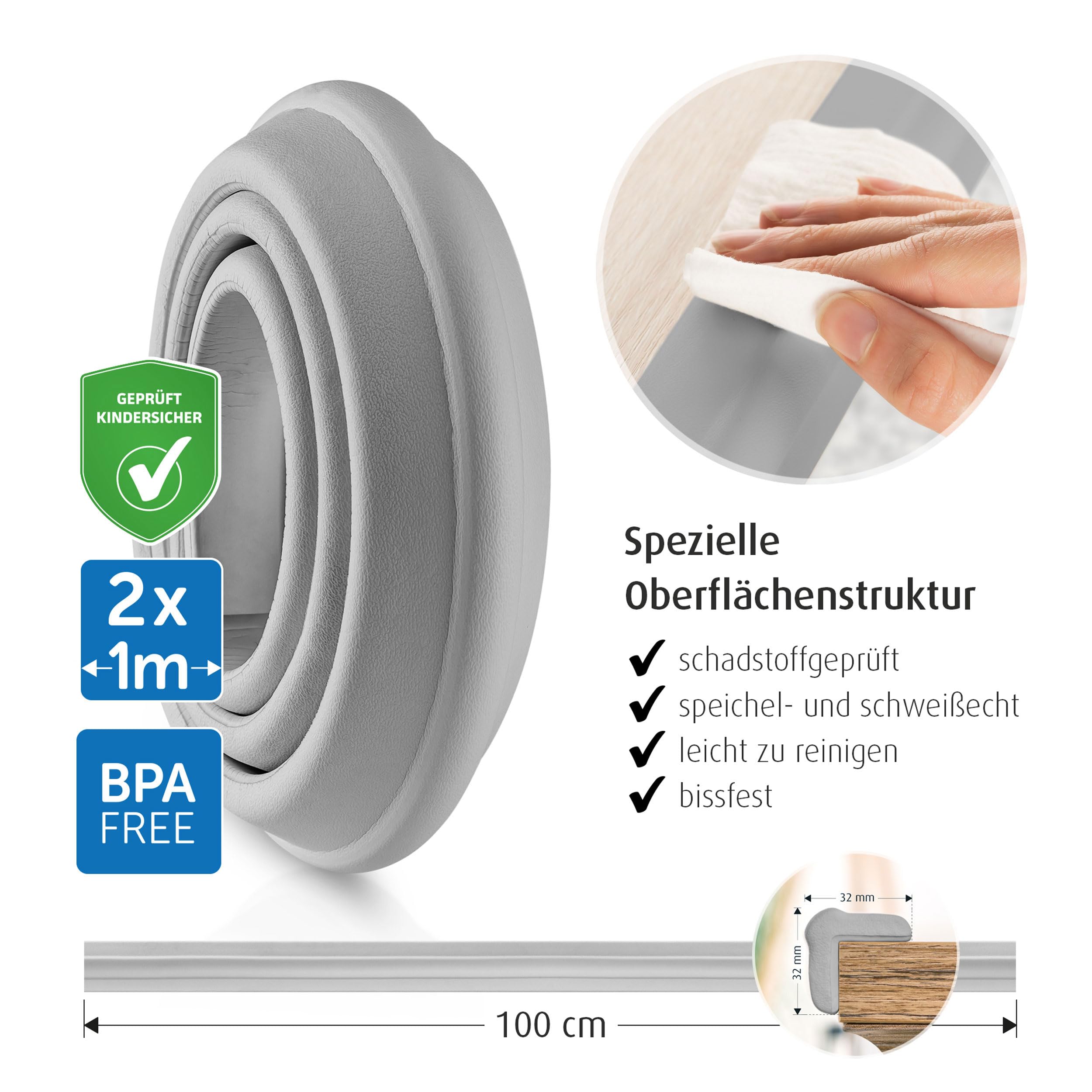 Reer Ochrona krawędzi miękka, 2 x 1 m, odporna na ugryzienia, sprawdzona pod kątem substancji szkodliwych, szara