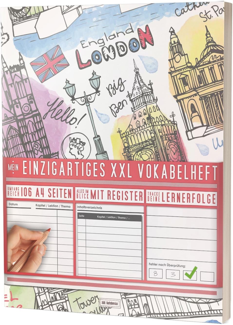 Mein Einzigartiges XXL Vokabelheft: 100+ Seiten, 2 Spalten, Register / Lernerfolge auf jeder Seite zum Abhaken / PR101 "Englisch Stamps" / DIN A4 Softcover