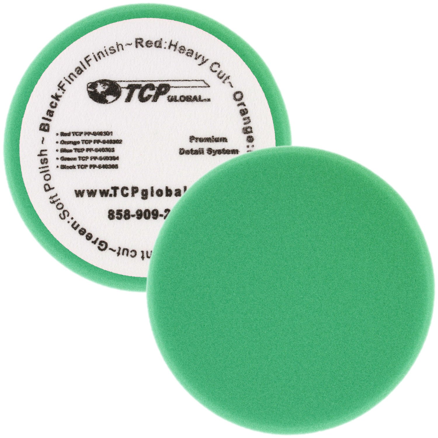 TCP Global 6.5" Green Flat Light Cut DA Grip Soft Foam Polish Pad - Hook & Loop Buffer Pads - Car Buffing Pads for Paint Correction, Detailing