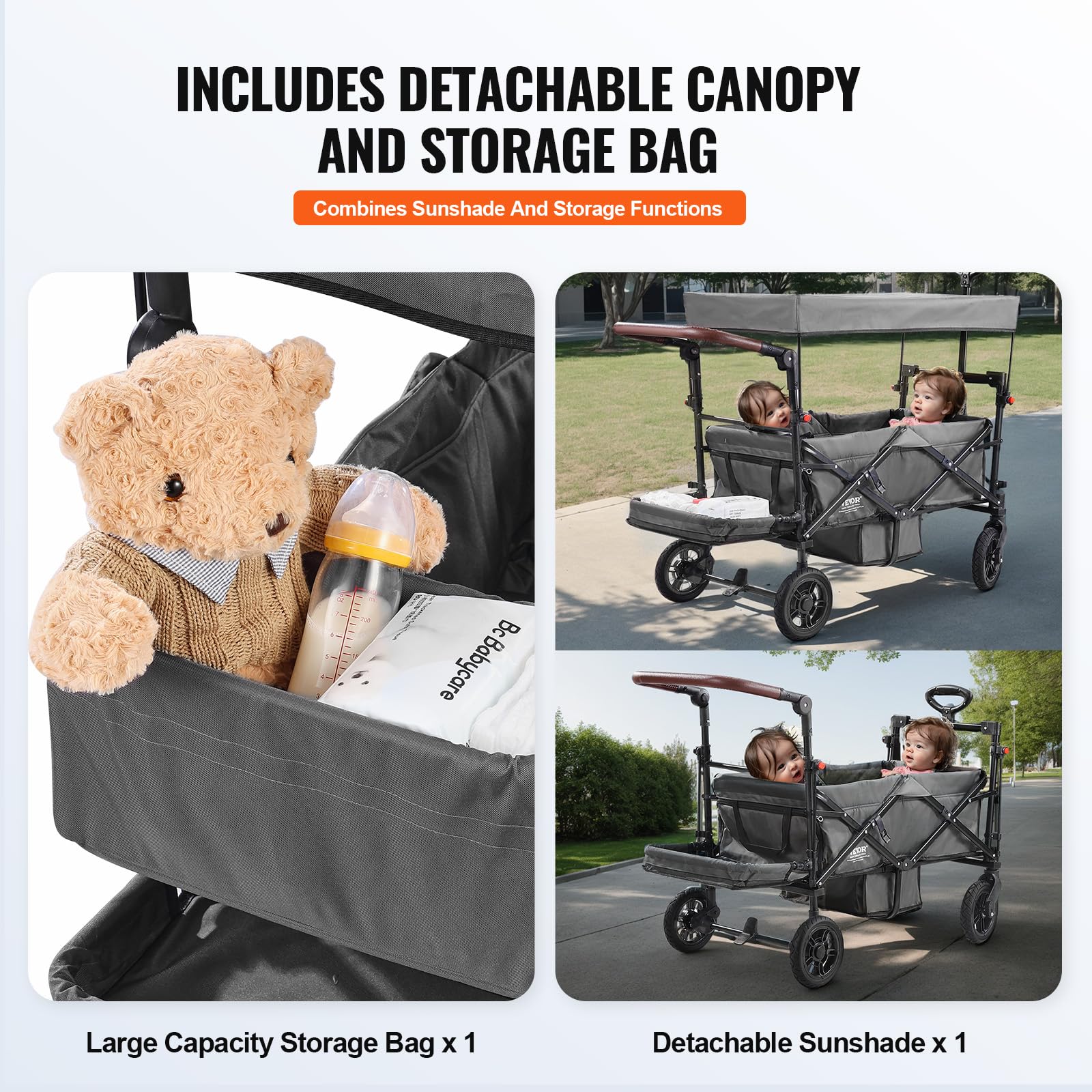 VEVOR Passeggino Wagon per 2 Bambini, Passeggino Pieghevole con Maniglia Regolabile, Tettuccio Rimovibile, Lmbracatura Circolare, 4 Ruote Freni Passeggino Portatile Multifunzione Campeggio, Grigio