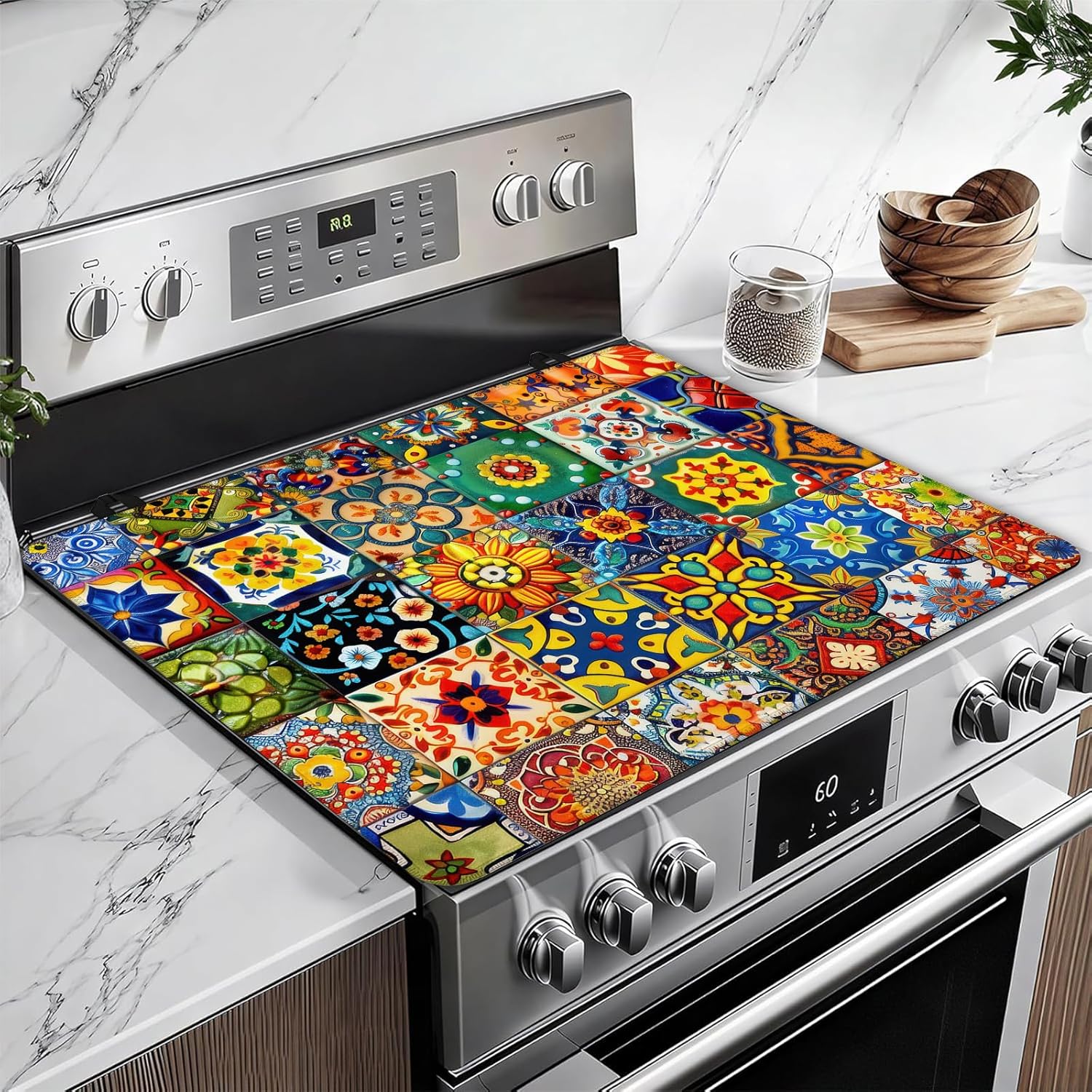 Mexican Talavera Stove Top Covers for Electric Stove, Electric Gas Stove Pad Heat Resistant Range Cooktop Protector for Home Decor Kitchen 28"x20"