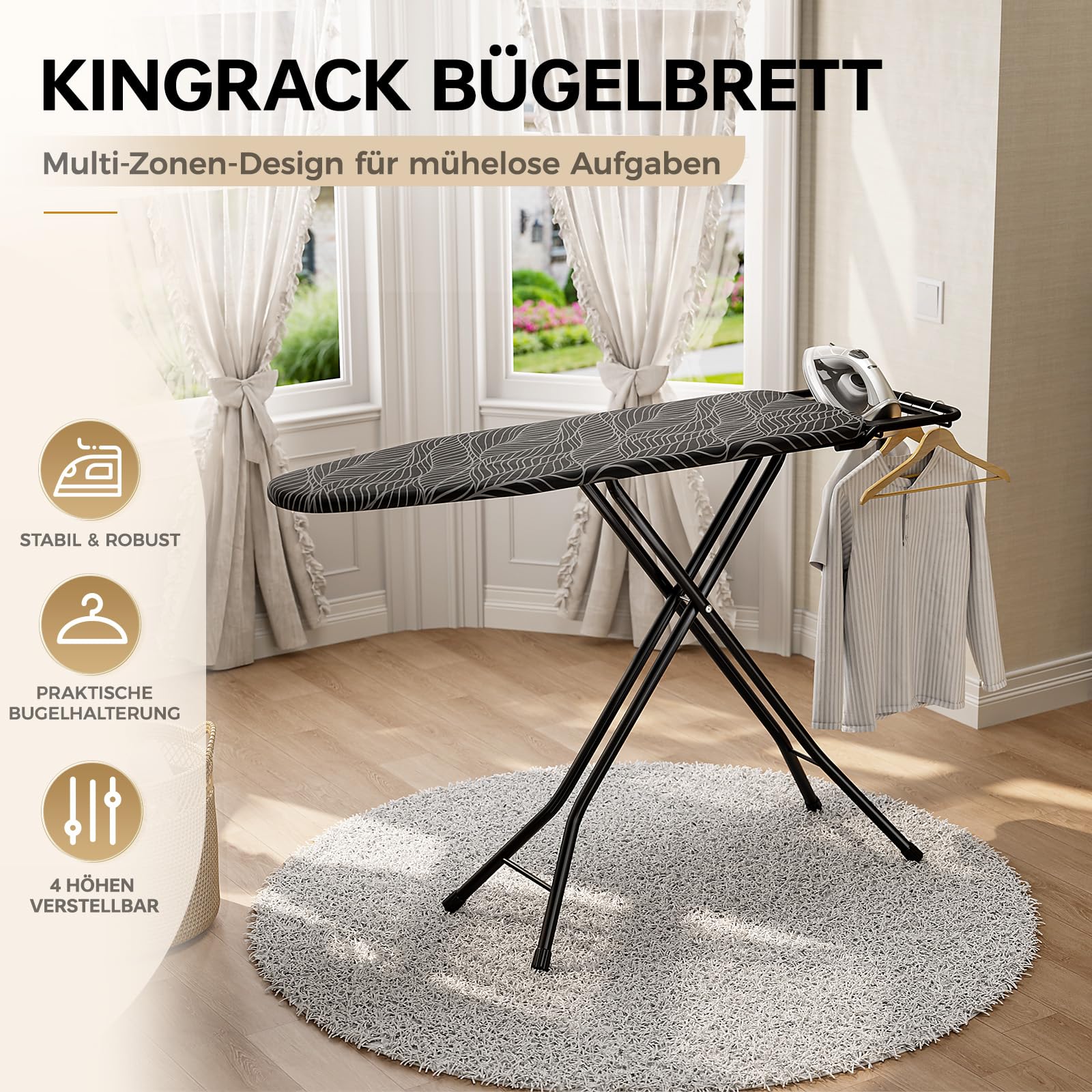 KINGRACK Bügelbrett mit Ablage, 7-Fach höhenverstellbar, 110 * 33cm, Grau