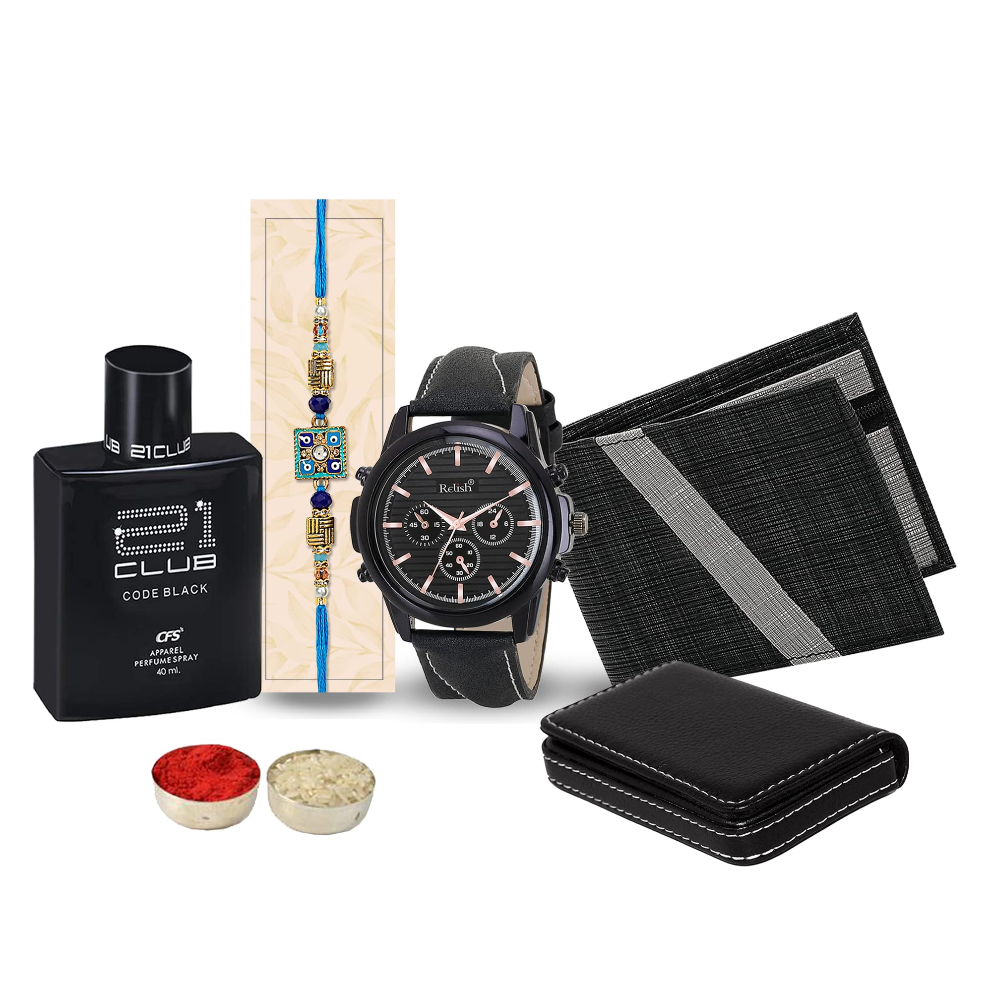 Relish Gift Combo Box of Mens | Watch, Black Wallet, Perfume, Cardholder | Designer Rakhi, Roli-Chawal|Wishing Card Rakhi Gift for Bhai (B0C5N11MXN) Amazon Price History, Amazon Price Tracker