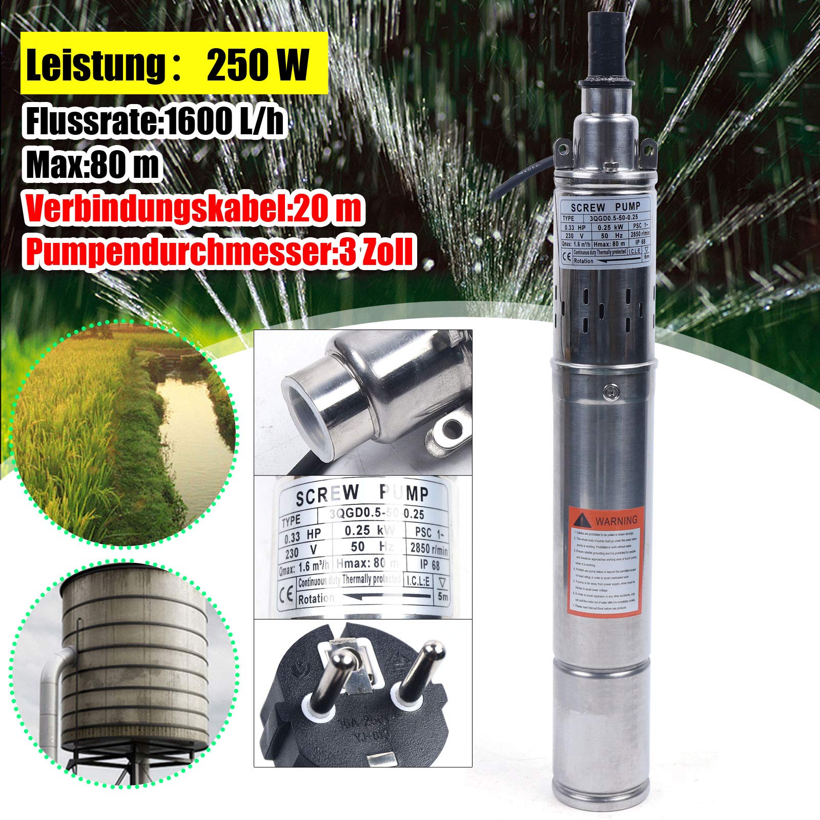 Pompa per pozzi profondi da 3 pollici, in acciaio inox, 262,47 m, altezza di mandata, 250 W, 2,850 giri/min, 422,68gal/h, per fontane, pozzi, cisterne, pompa per acqua profonda