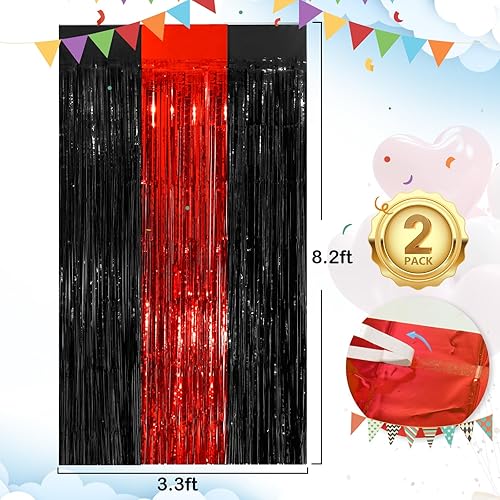 Miniatura 3 de Cortinas de flecos negros y rojos para fiesta, paquete de 2 cortinas de fondo de flecos de aluminio de 3.3 x 8.3 pies para cumpleaños, boda, novia,