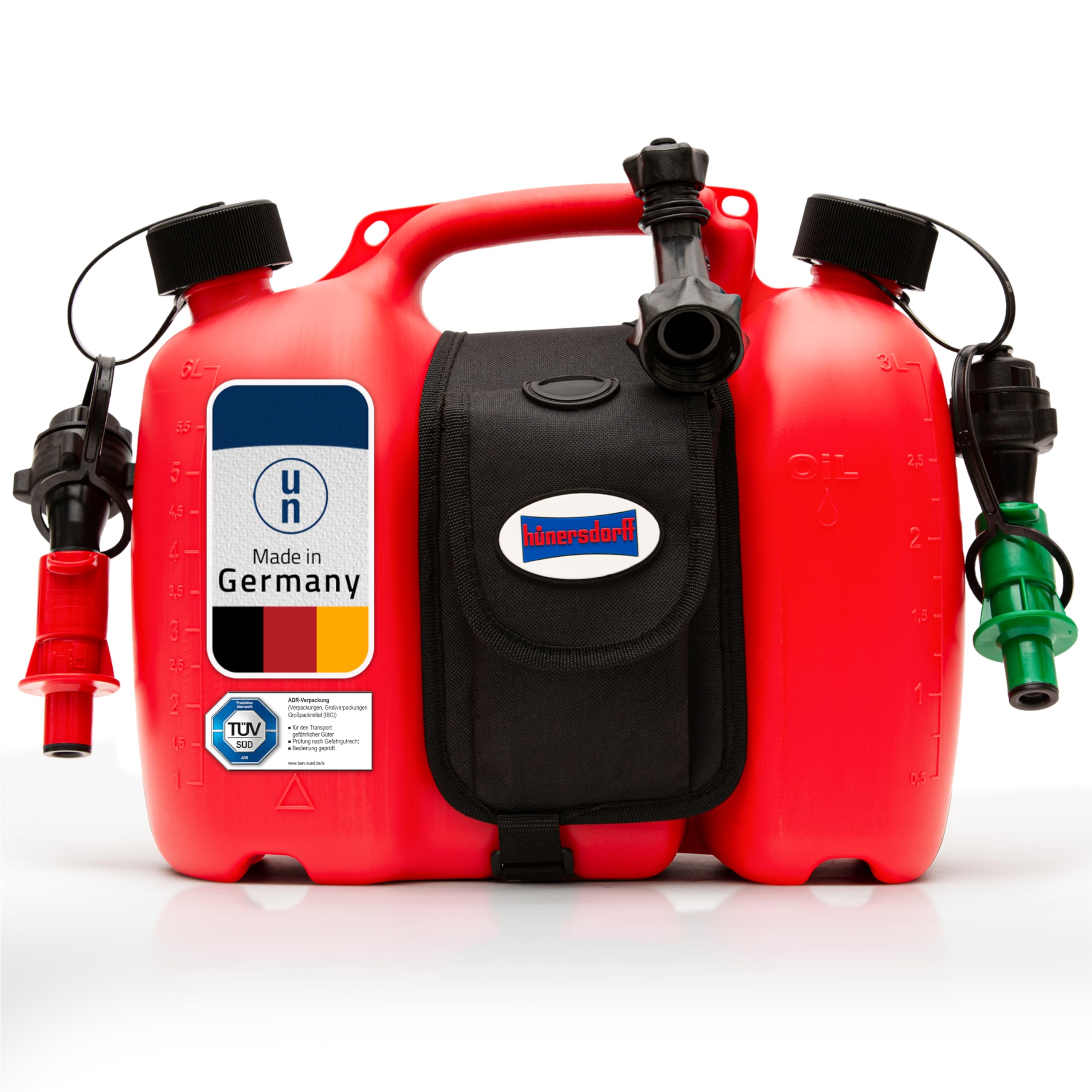 hünersdorff GmbH 805062 Réservoir Double Profi PE-HD avec Pochette Cavalière et Systèmes de Remplissage, Rouge, 6+3 L
