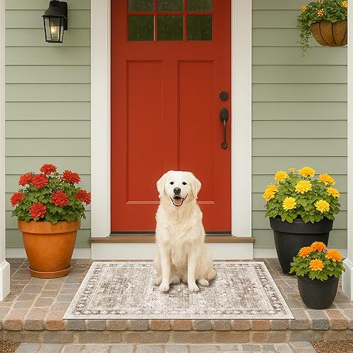 Miniatura 176 de Alfombra de Pasillo de Baño Lavable Oushak 2x5 - Floral Pastel Bohemio Ecléctico, Alfombra Pequeña Antideslizante de Pelo Bajo Resistente a Manchas