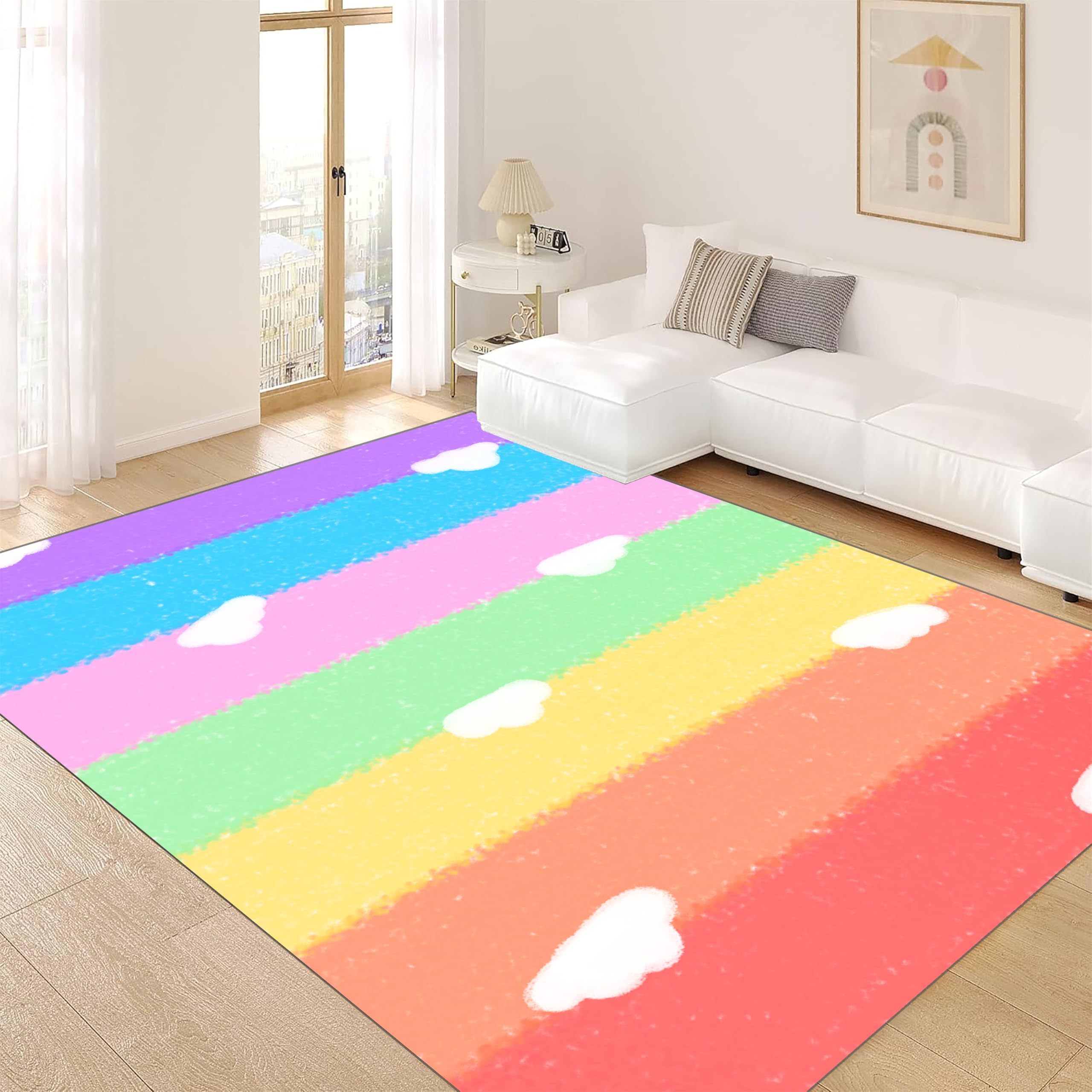 rugsjwaizj Soft Rainbow Area Rugs Girl's Bedroom Fluffy Colorful Rugs Cute Floor Mats Furry Children's Play Mats White Cloud Rainbow Prints Living