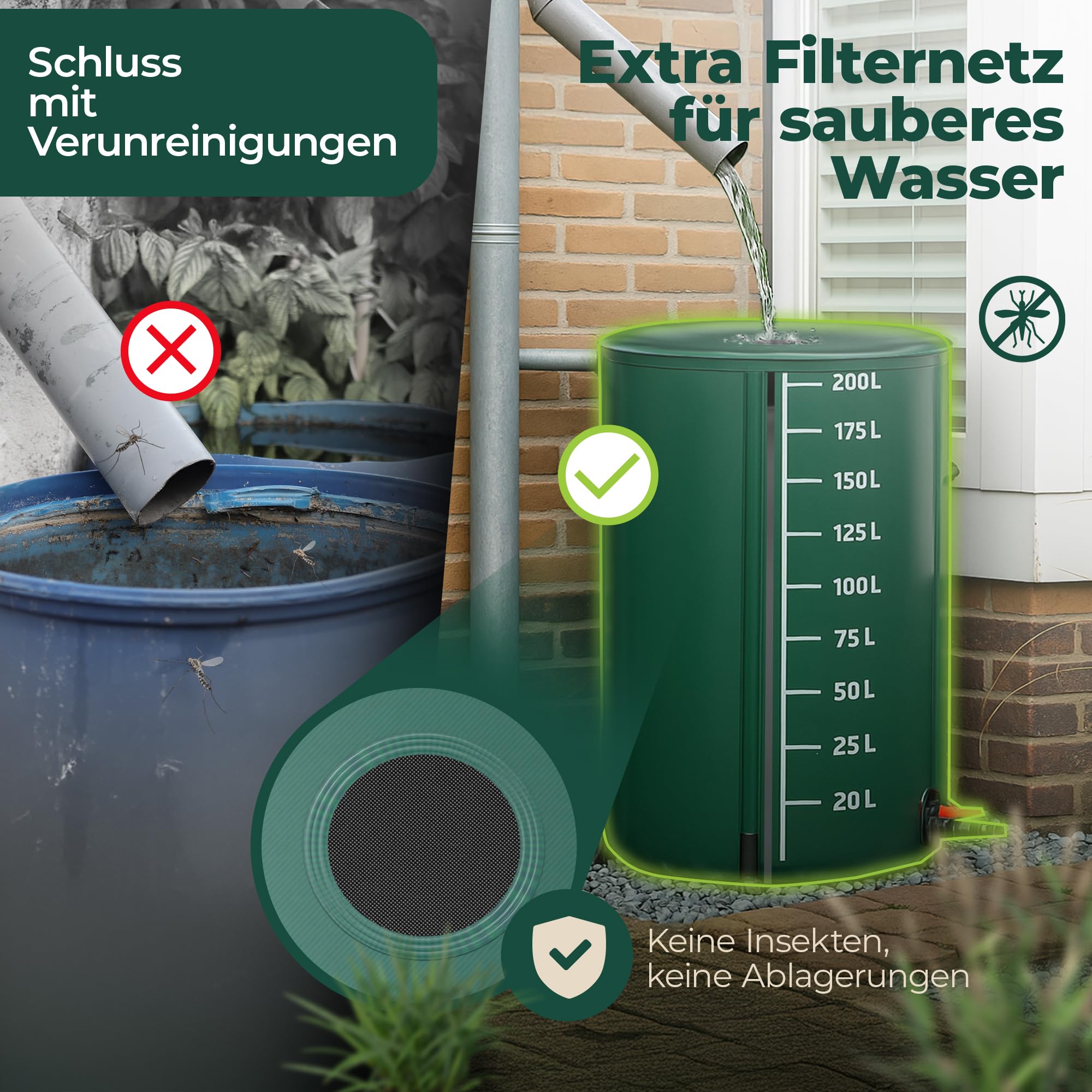 Regentonne faltbar 200L – Regenfass/Regenwassertonne/Wassertank faltbar – Wasserfass stabil – witterungsbeständig – mit Füllstandsanzeige & Air Wing System (Grün, 200L)