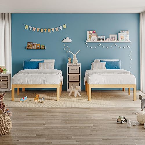 Miniatura 3 de Marco de cama individual de madera de bambú de 12 pulgadas de alto, marco de cama con soporte de listones de metal, reforzado, no necesita somier,