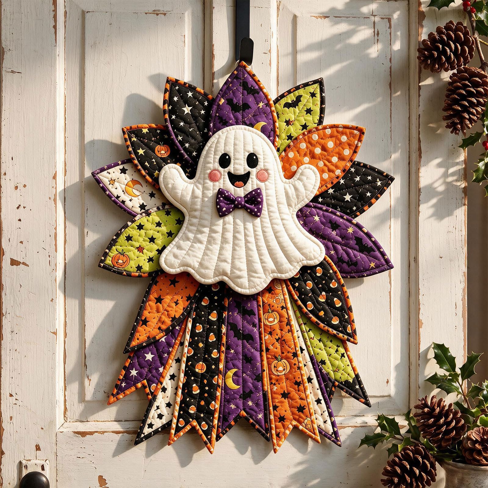 Festive Quilted Christmas Door Hanging DIY Sewing Kit, Christmas Quilted Bow DIY Kit with Fabric, Batting, Thread, Templates & Instructions, Patchwork Hanging Decor Kit for Door Wall Display (KK)