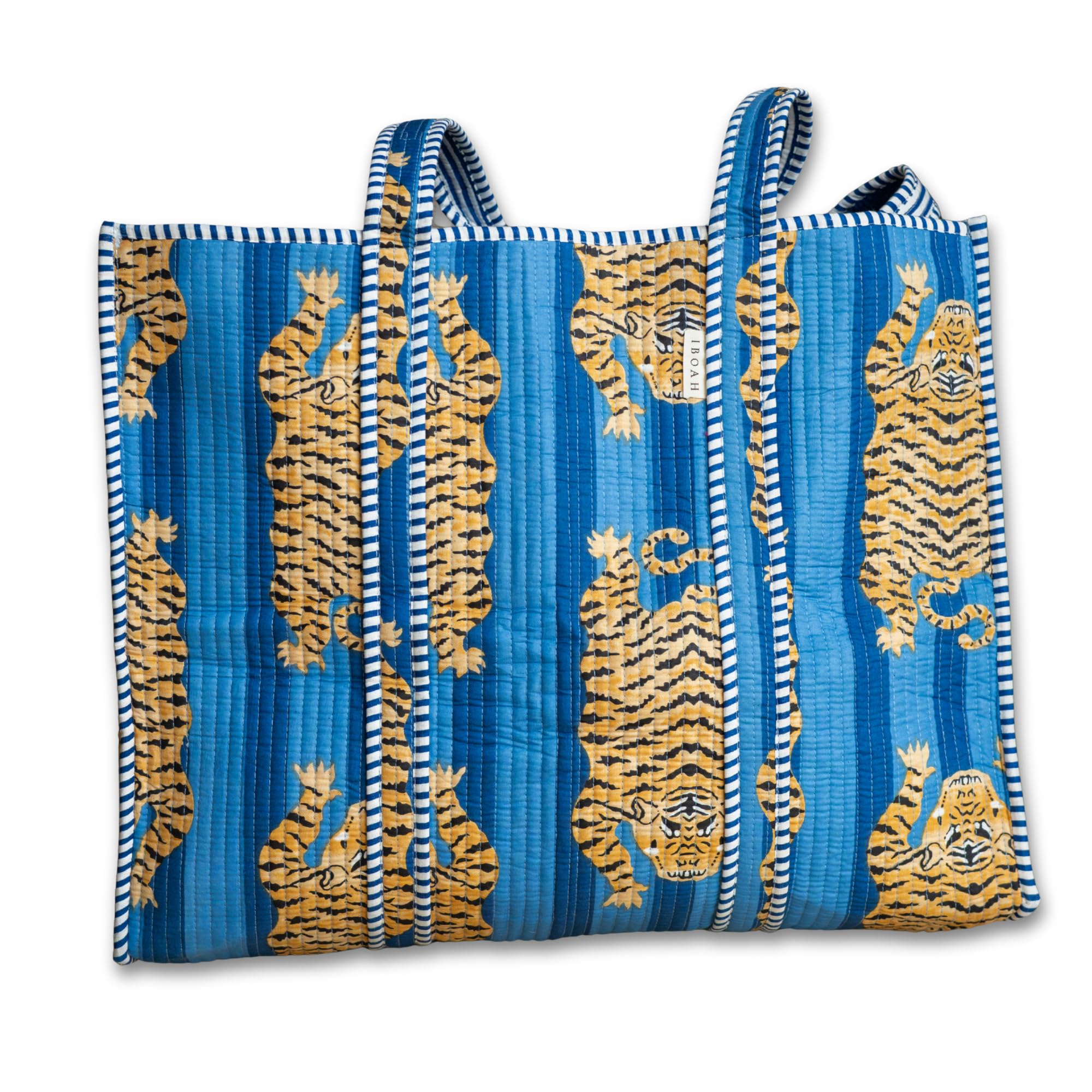 IBOAH Large Handmade Quilted Cotton Tote Bag with Tiger Print and Stripe Details - Versatile Tote Bag for Beach, Shopping, Travel, Airplane and Daily Use, Blue Tigers