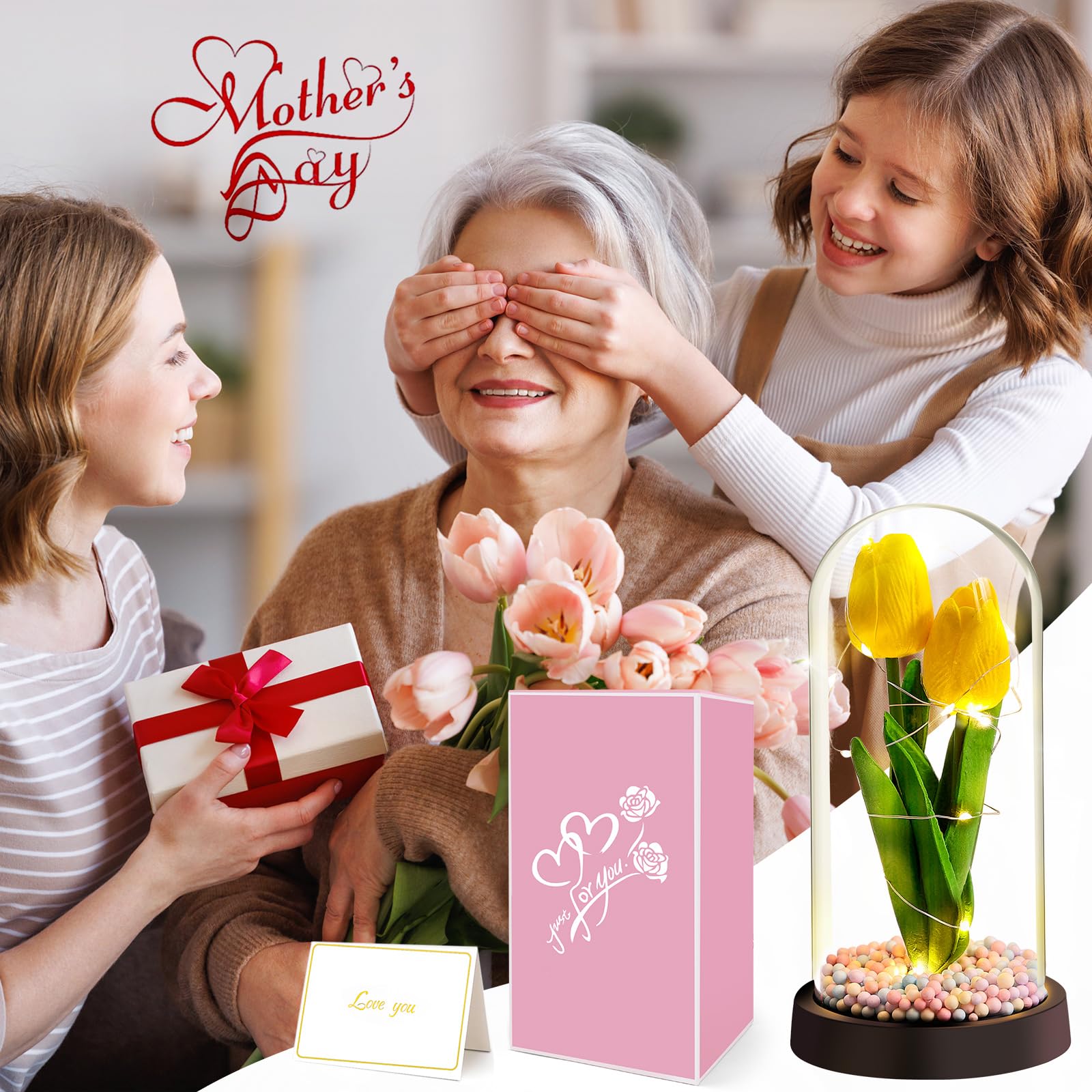 Fiore Artificiale Regalo di San Valentino per Donne, Idee Tulipani Regalo Donna, Romantico Kit di Tulipani Regalo Mamma Nonna, Regalo per Lei, Fiore Regalo Anniversario per Lei Idee Regalo Nascita