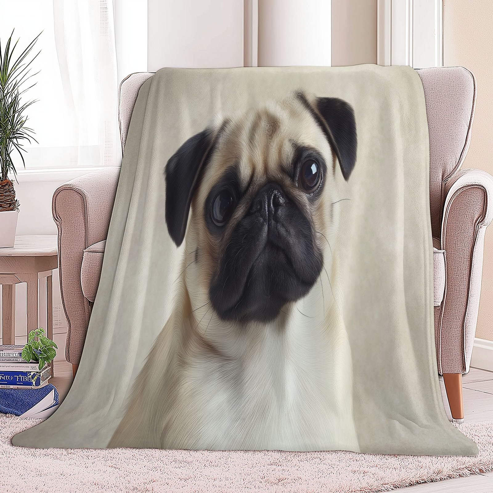 Koc polarowy flanelowy mops ze zwierzęciem, narzuta na sofę, wygodna narzuta na łóżko 2-osobowe w kratę zimowy, 220 x 240 cm khaki