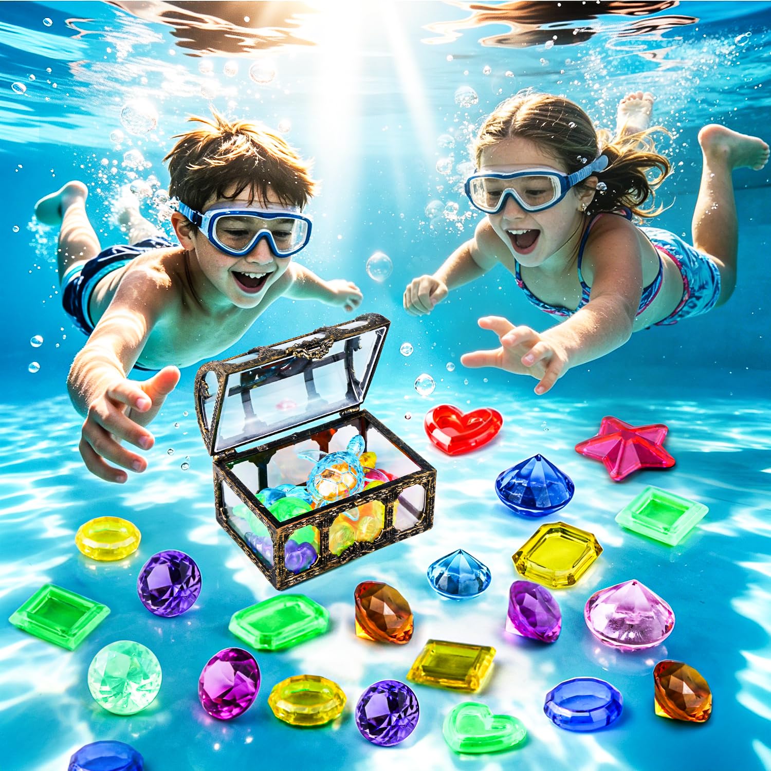 SIENON Tauchspielzeug für Kinder, 109 Stück Pool-Spielset für die Unterwasser-Schatzsuche, 60 sinkende Edelsteine, 8 Meerestiere, 1 Piraten-Schatzkiste, 38 wasserfeste Karten, Spaß Wasserspielzeug