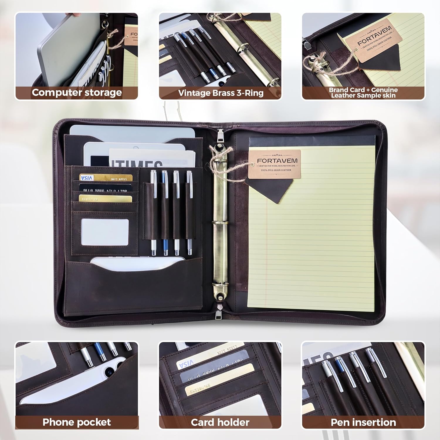 Crazy Horse Genuine Leather Zippered Padfolio with 3-Ring Binder, A4/Letter Portfolio Organizer for Work, Fits 13.9" Tablet, Business Document Folder for Meetings & Interviews (Brown)