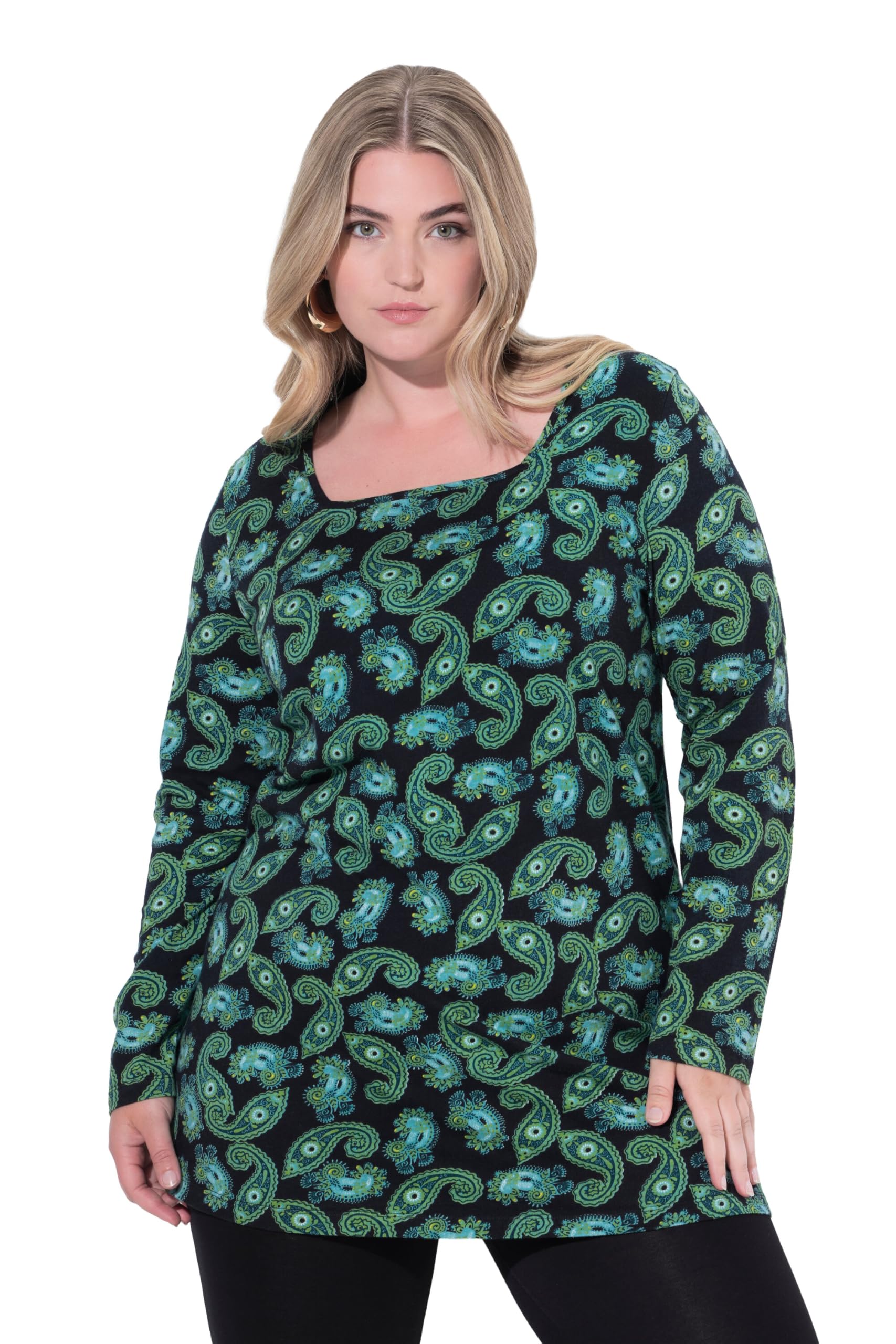 Ulla Popken Damen große Größen Übergrößen Plus Size Longshirt, Paisley, A-Linie, Carré-Ausschnitt, Langarm 844605