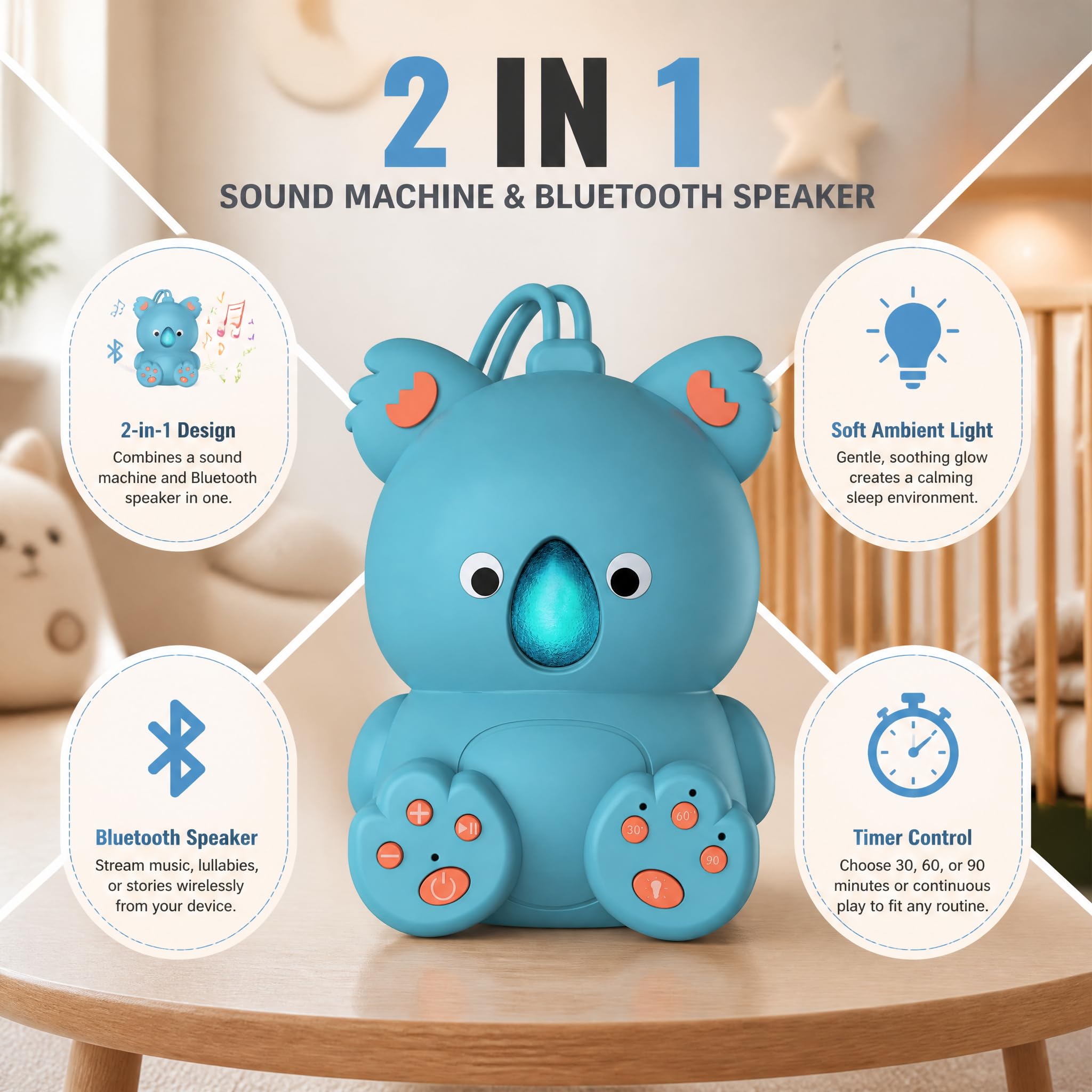 Baby White Noise Machine con altoparlante Bluetooth e timer, aiuto per il sonno dei bambini, suoni rilassanti per la scuola materna, viaggi, culla e in viaggio