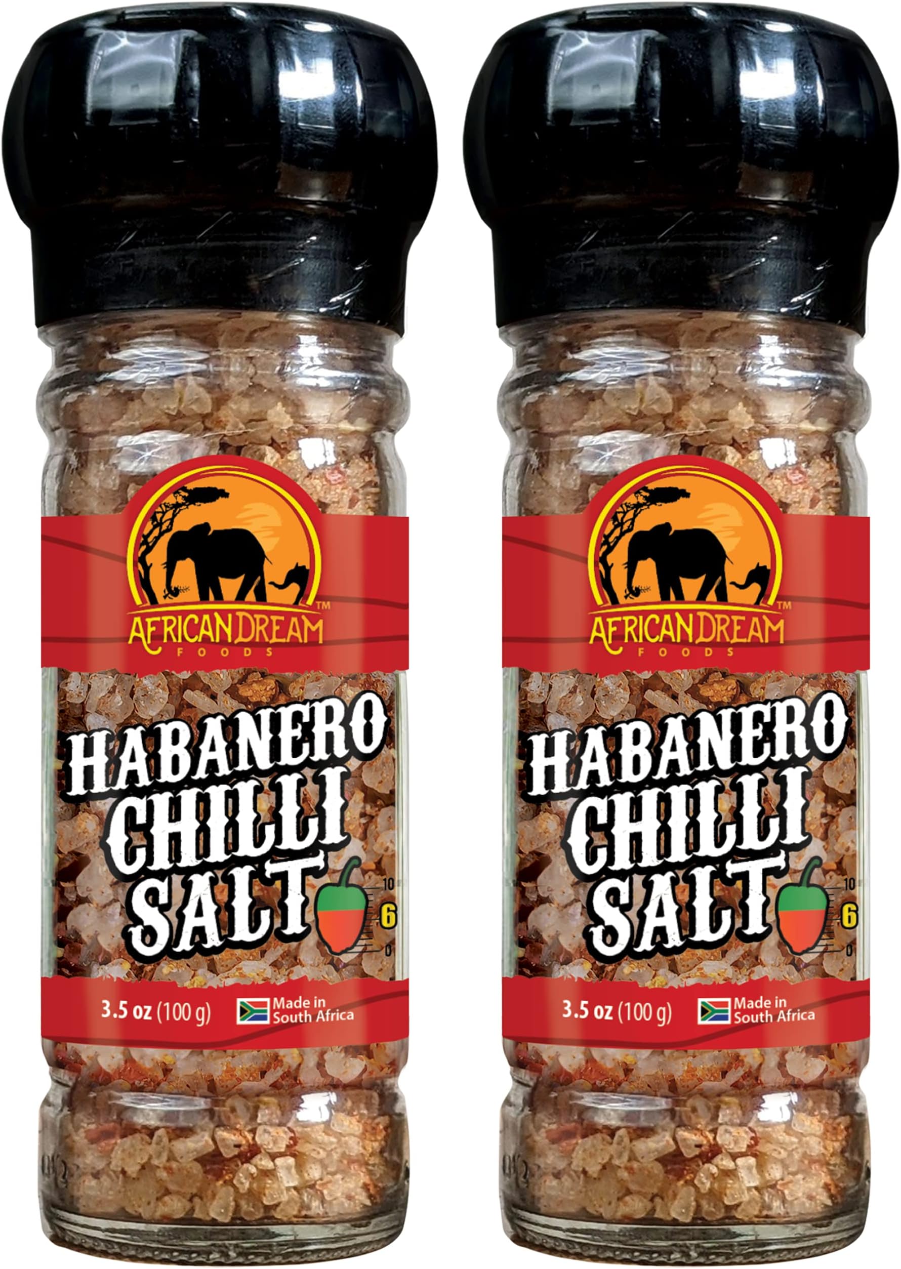 Habanero Spicy Salt Seasoning by African Dream Foods | Spicy Chili Salt with Natural African Habaneros, Sea Salt | Ideal for Meat, Chicken, Seafood | Reusable Grinder, 3.5 oz | 2-Pack