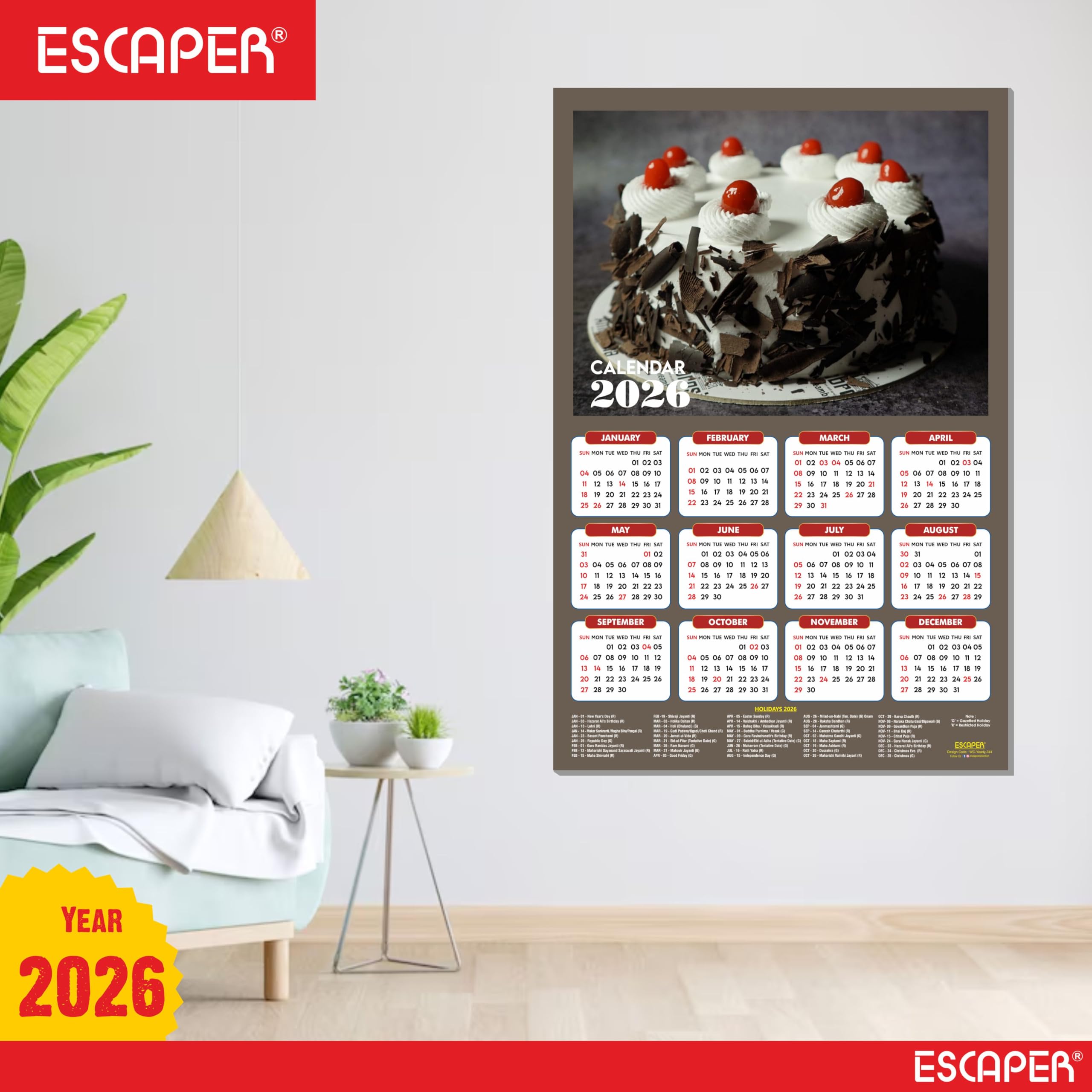 ESCAPER Calendario de pared 2026 con platos de comida, 45 x 30 cm, panadería, cafetería, pizza, comida rápida y cocina china, calendario de decoración de pared para el hogar, cocina y restaurante