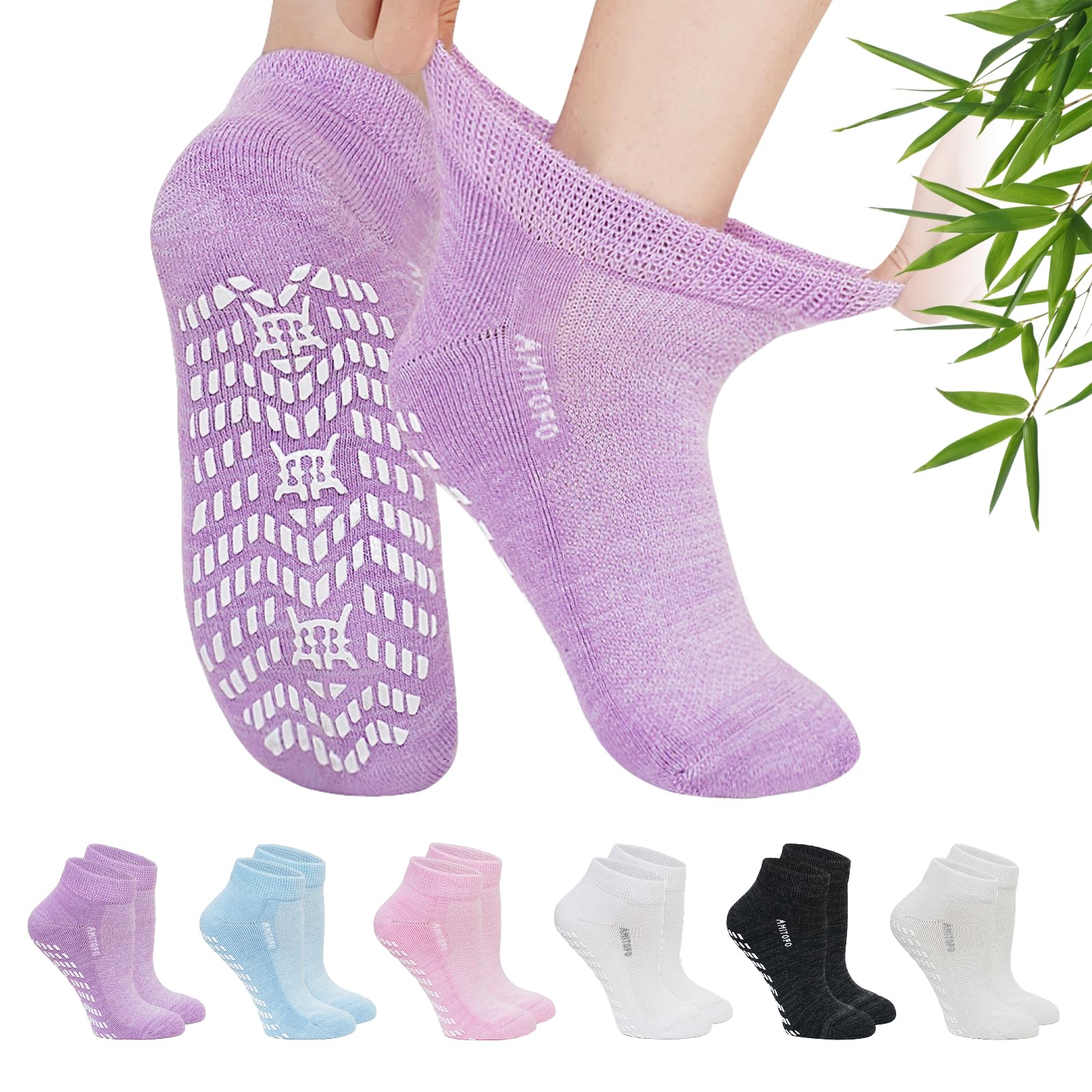 LOFIR Rutschfeste Diabetikersocken aus Bambus für Damen: Diabetiker Stoppersocken ohne Gummibund für Frauen - ABS Kurze Socken mit Frotteesohle für Schwangere Senioren Geschwollene Füße