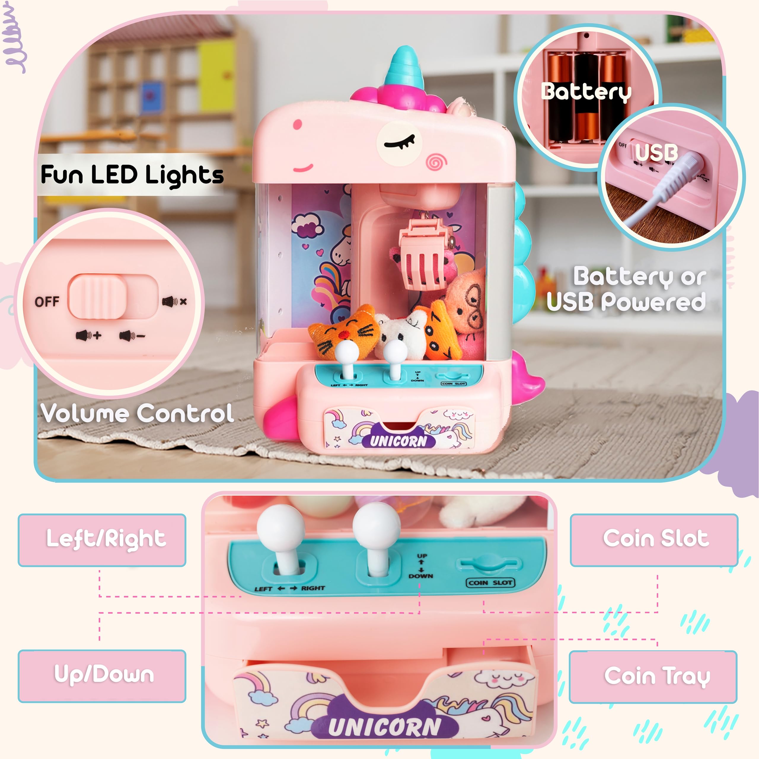 Krallenmaschine für Kinder mit 10 Plüschtieren, 10 Überraschungseiern & 50 Aufklebern – Mini-Arcade-Klauenspiel mit lautlosem Modus, LED-Lichtern, USB- oder batteriebetrieben – Geschenk für Mädchen