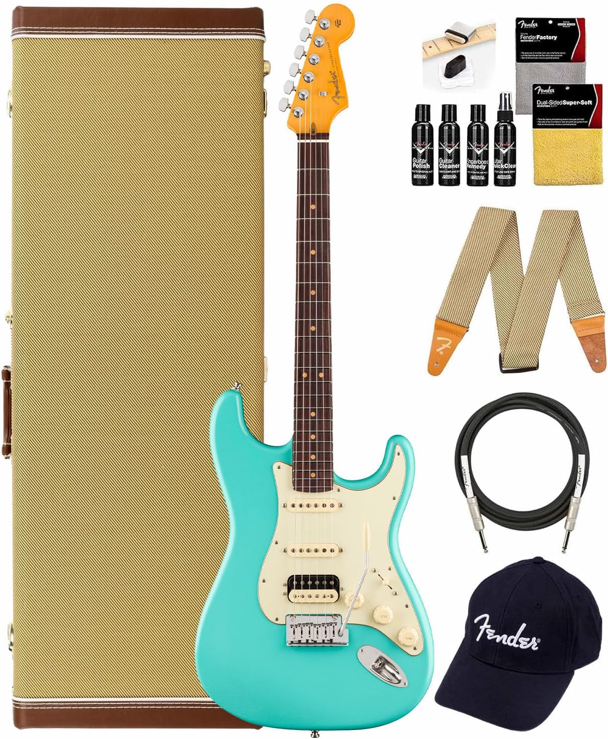 Fender American Ultra Luxe Vintage '60s Stratocaster HSS, Rosewood Fingerboard - Sea Foam Green Bundle with Case, Hat, Strap, Cable, and Guitar Cleaning Kit