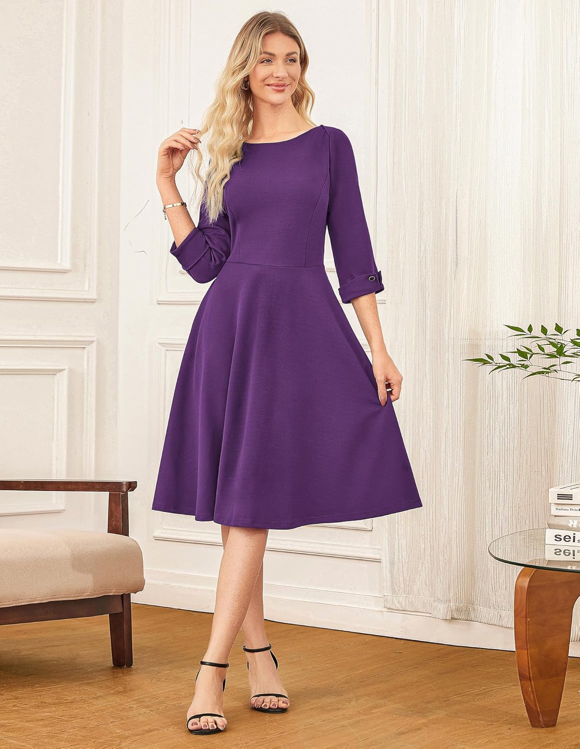 GRACE KARIN Work Dresses for Women 2025 3/4 Sleeve Fit and Flare Business Midi Dress Classy Office Dresses with Pockets - Image 2