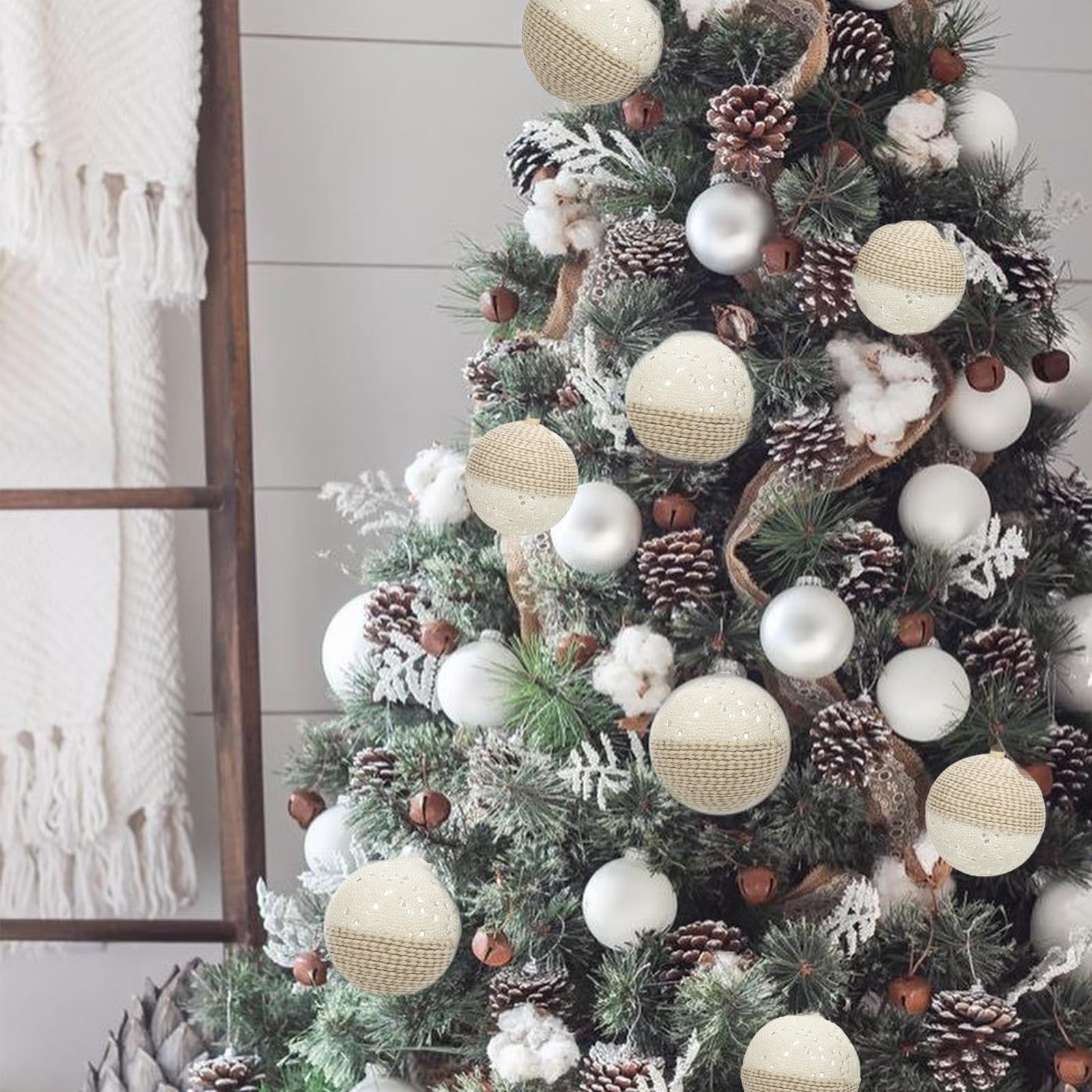 Boho Boules d'arbre de Noël 12 cm Tricot Boules d'arbre de Noël 4pcs Boules de Noël avec Corde Décorations d'arbre de Noël Boules de Sapin de Noël pour décoration d'arbre de Noël