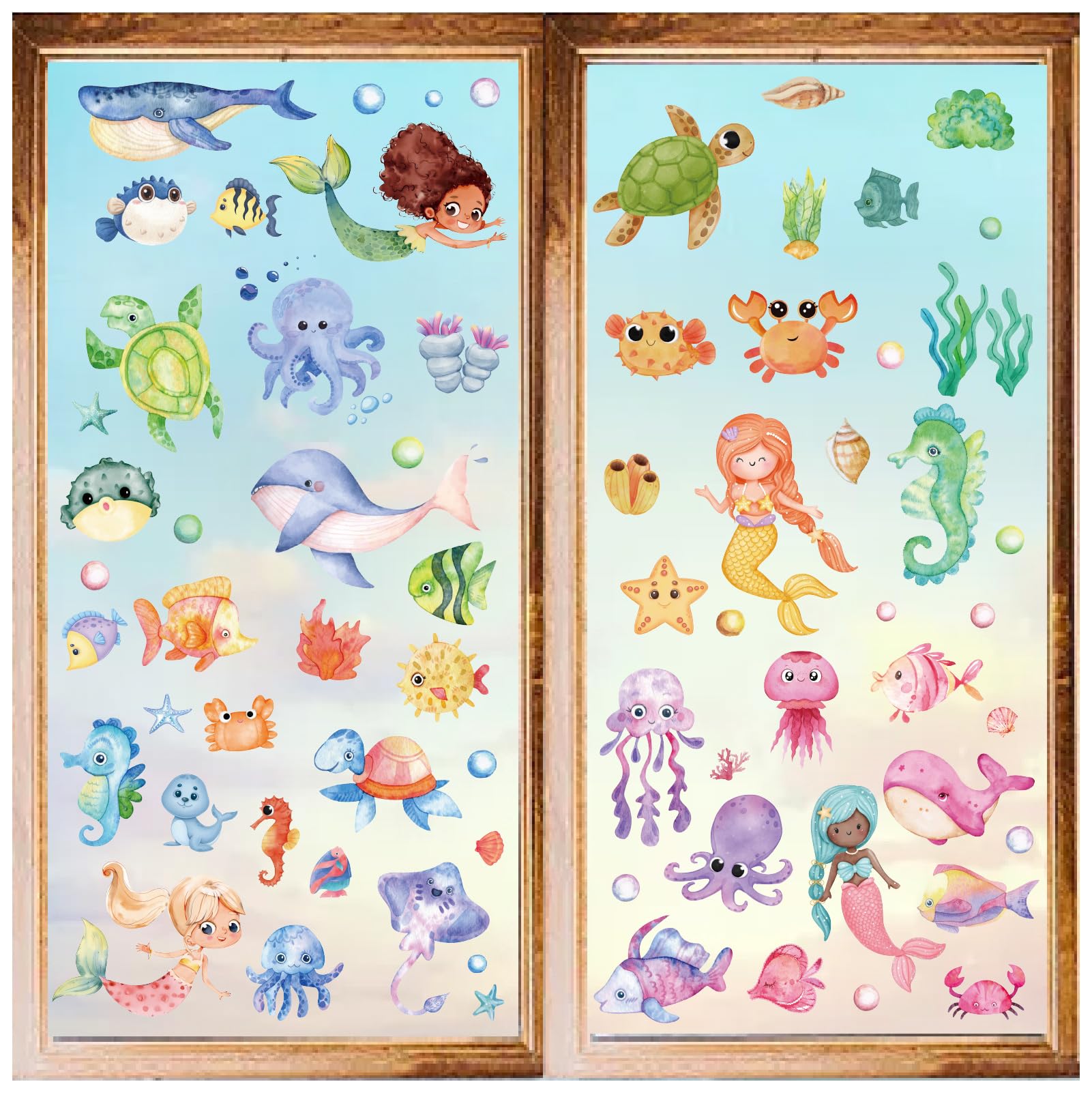 CRASPIRE 8 Sheets Cartoon Mermaid Wall Decals Cute Ocean Life Sea Turtle Jellyfish Whale Seahorse Window Stickers PVC Waterproof Self Adhesive Wall Cling Peel and Stick for Home Decor Bedroom Bathroom