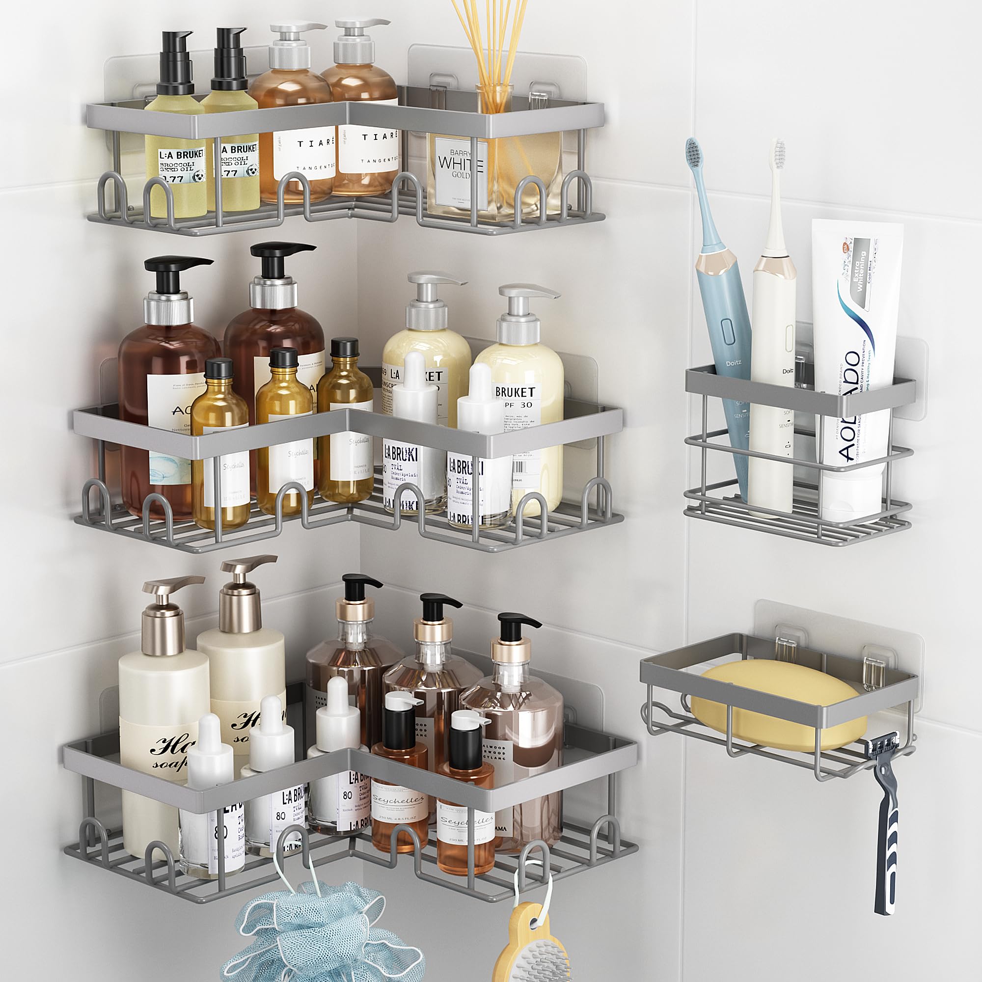 Photo 1 of Liuoud Corner Shower Caddy, 5 Pack Adhesive Stainless Steel Organizer, Grey