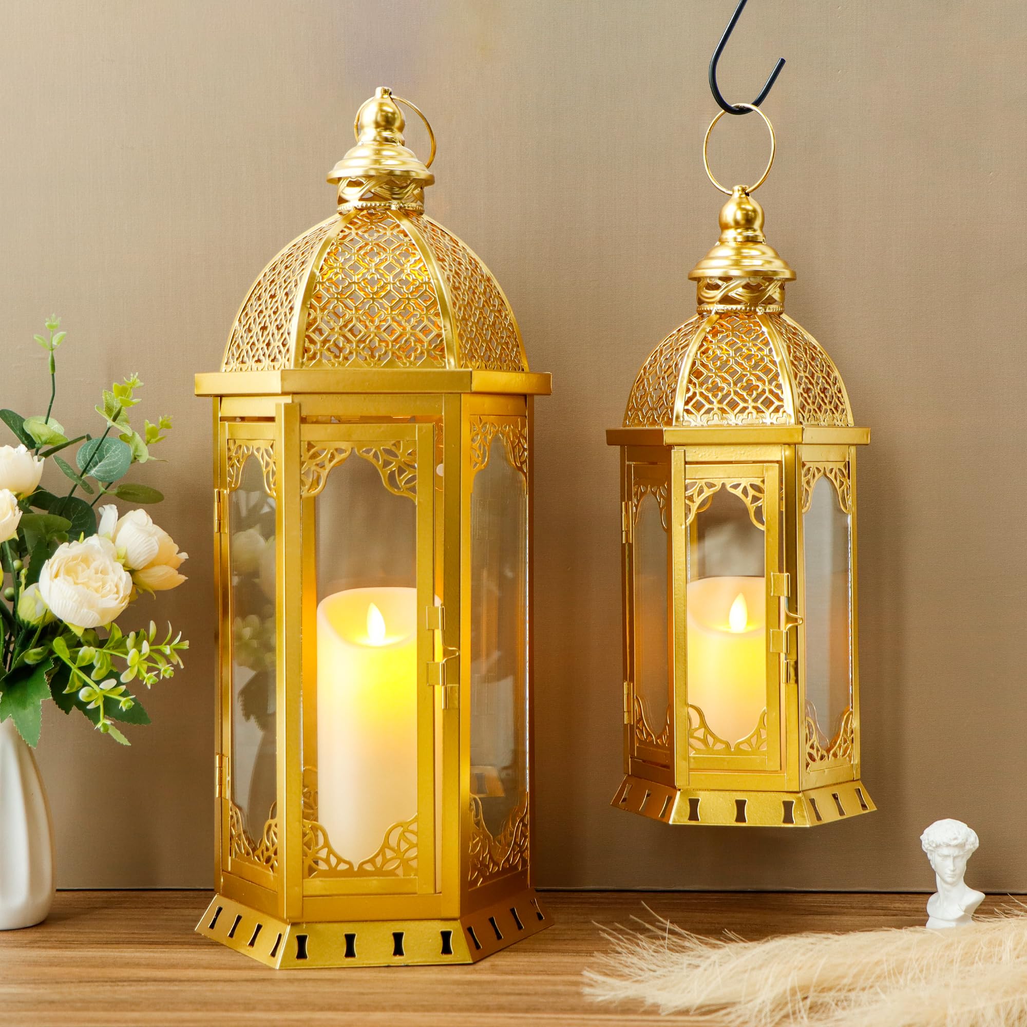 JHY DESIGN Zestaw 2 dekoracyjnych latarni na świece, wysokość 50 i 38 cm, do użytku na zewnątrz, w stylu vintage, metalowy, do ogrodu, na werandę, imprezy, wesela, taras, do wnętrz, dekoracja