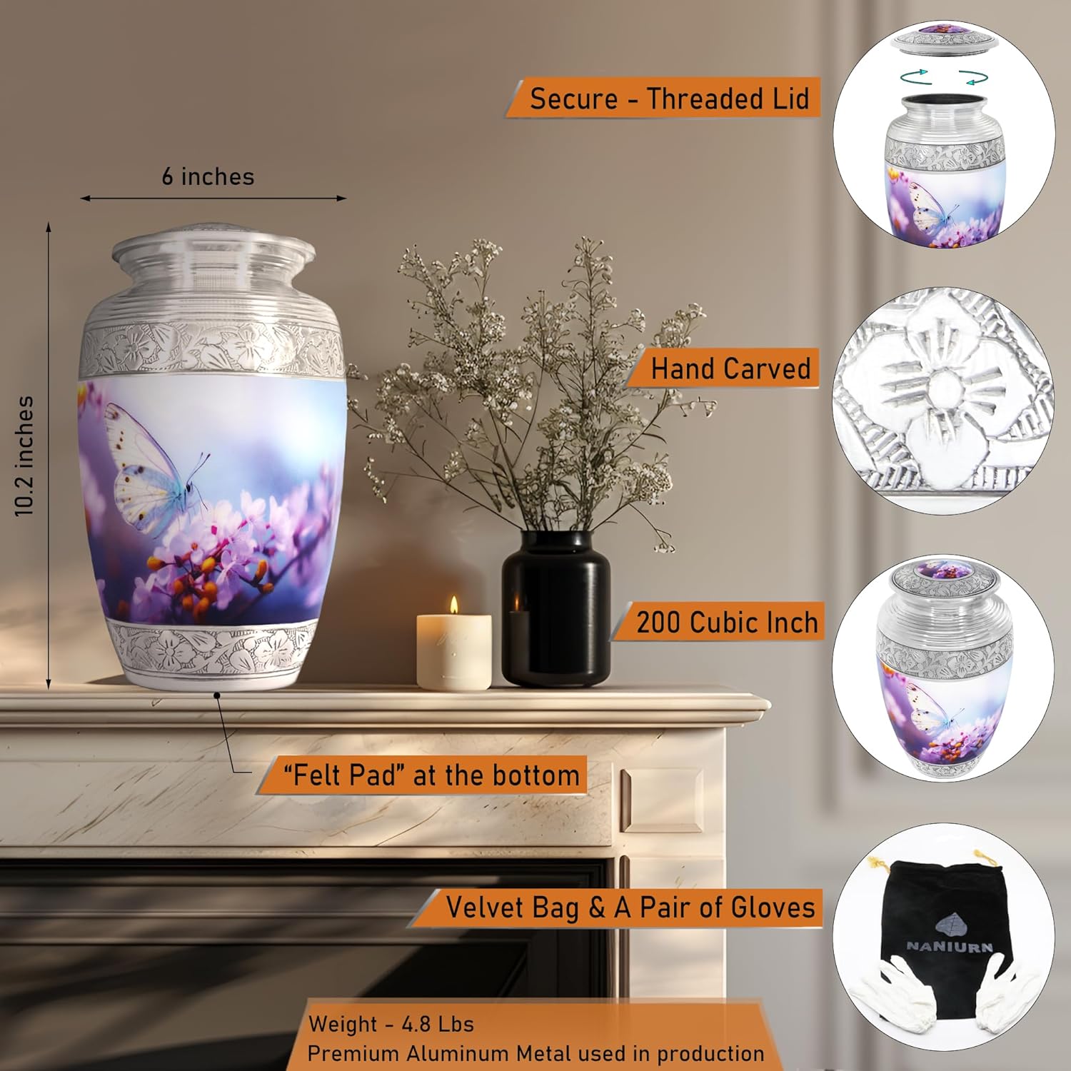 Urn for Ashes for Women or Man, Cremation Urns for Human Ashes Adult Female and Male, Funeral Decorative Urns, Burial Urn, Hand Engraving, Blue Butterfly & Pink Flower - Large Full Size - Image 2