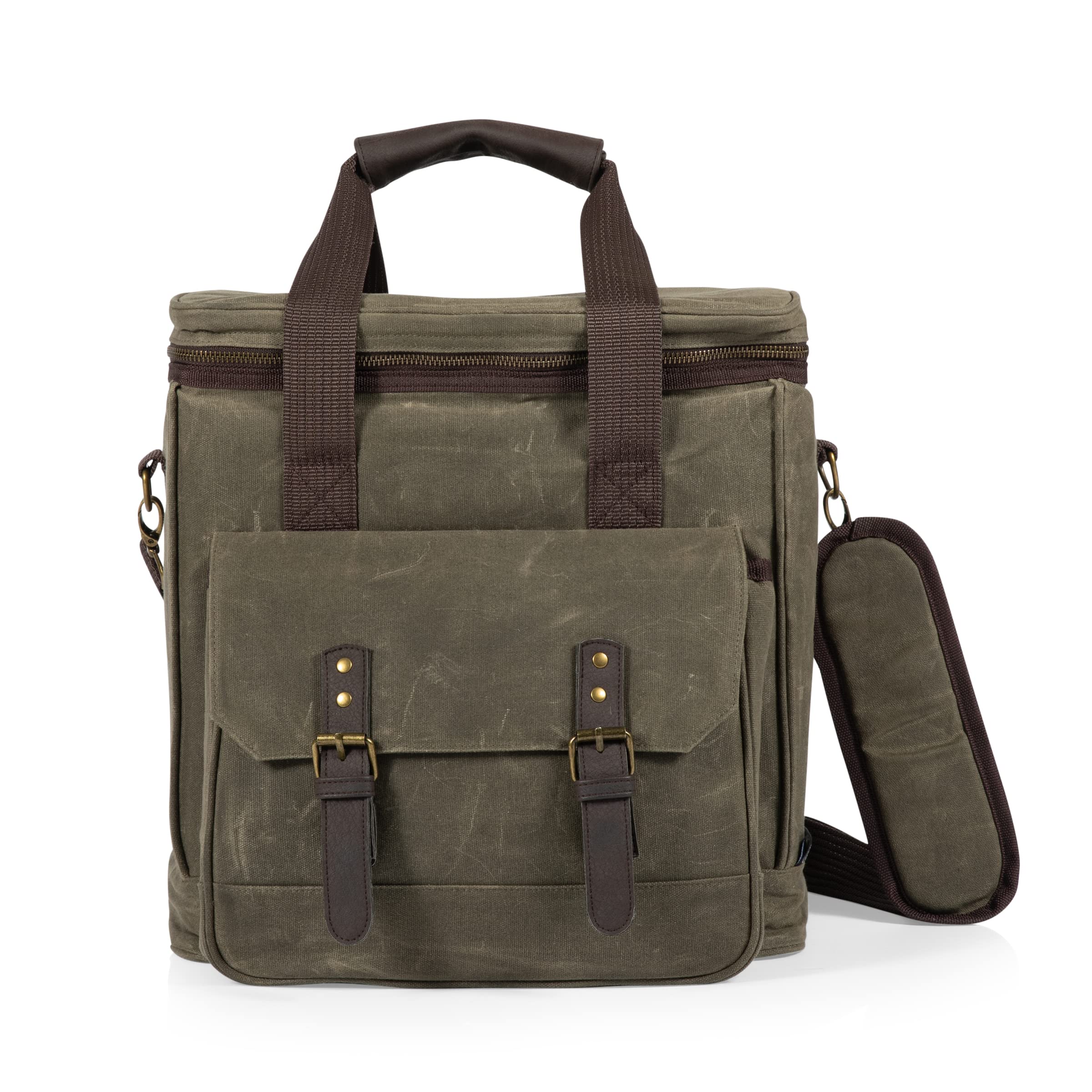 Legacy - a Picnic Time Brand - Bolsa de Vino aislada de Lona Encerada Envejecida para 6 Botellas, Bolsa de Vino Suave y Fresca, Bolsa de Picnic para Vino, (Verde Caqui)