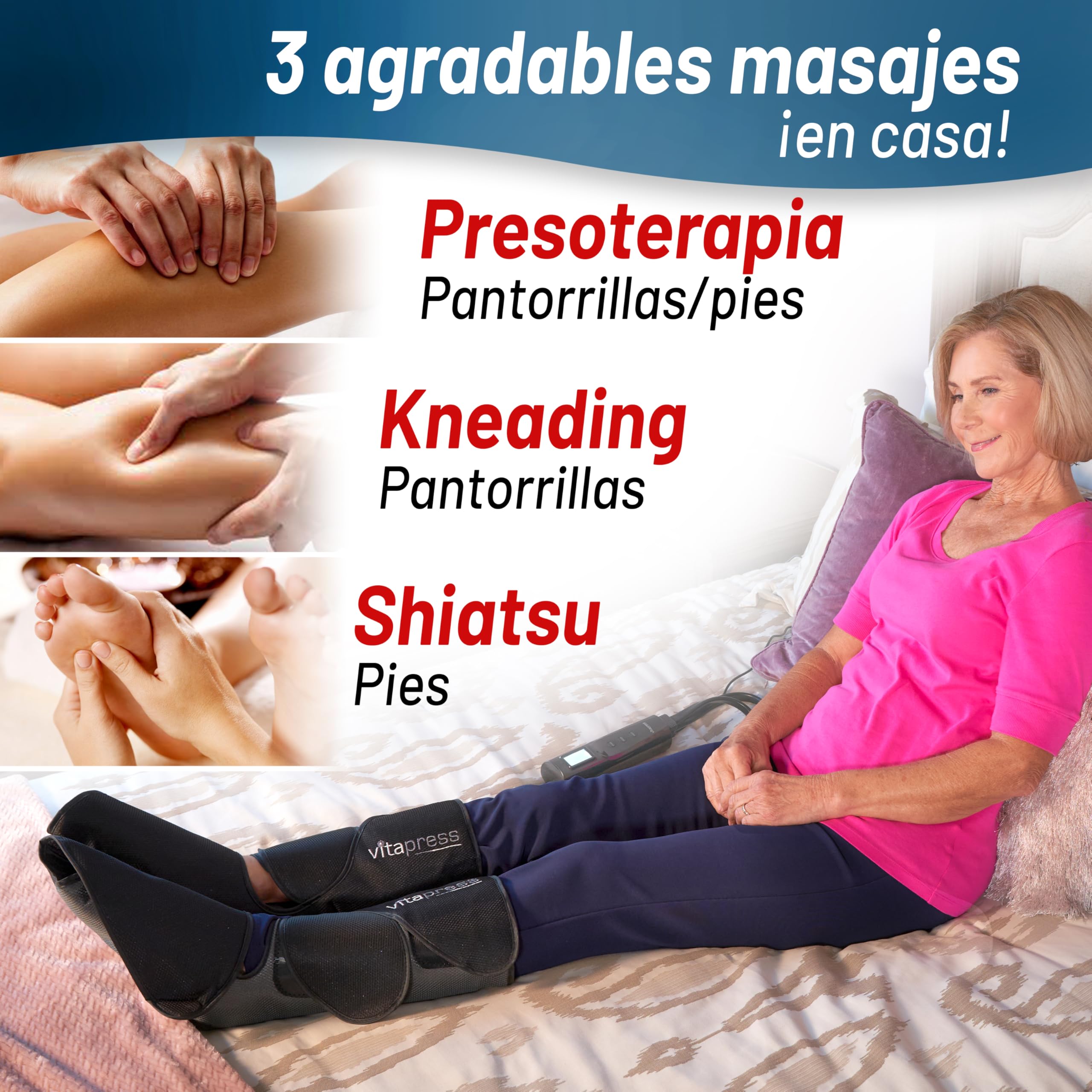 PRESOTERAPIA EN CASA VITAPRESS. Cuida tus piernas y pies con un relajante masaje en profundidad. Función calor Ajustable, supercompacta, fácil de usar, con Mando a distancia y Bolsa de Transporte.