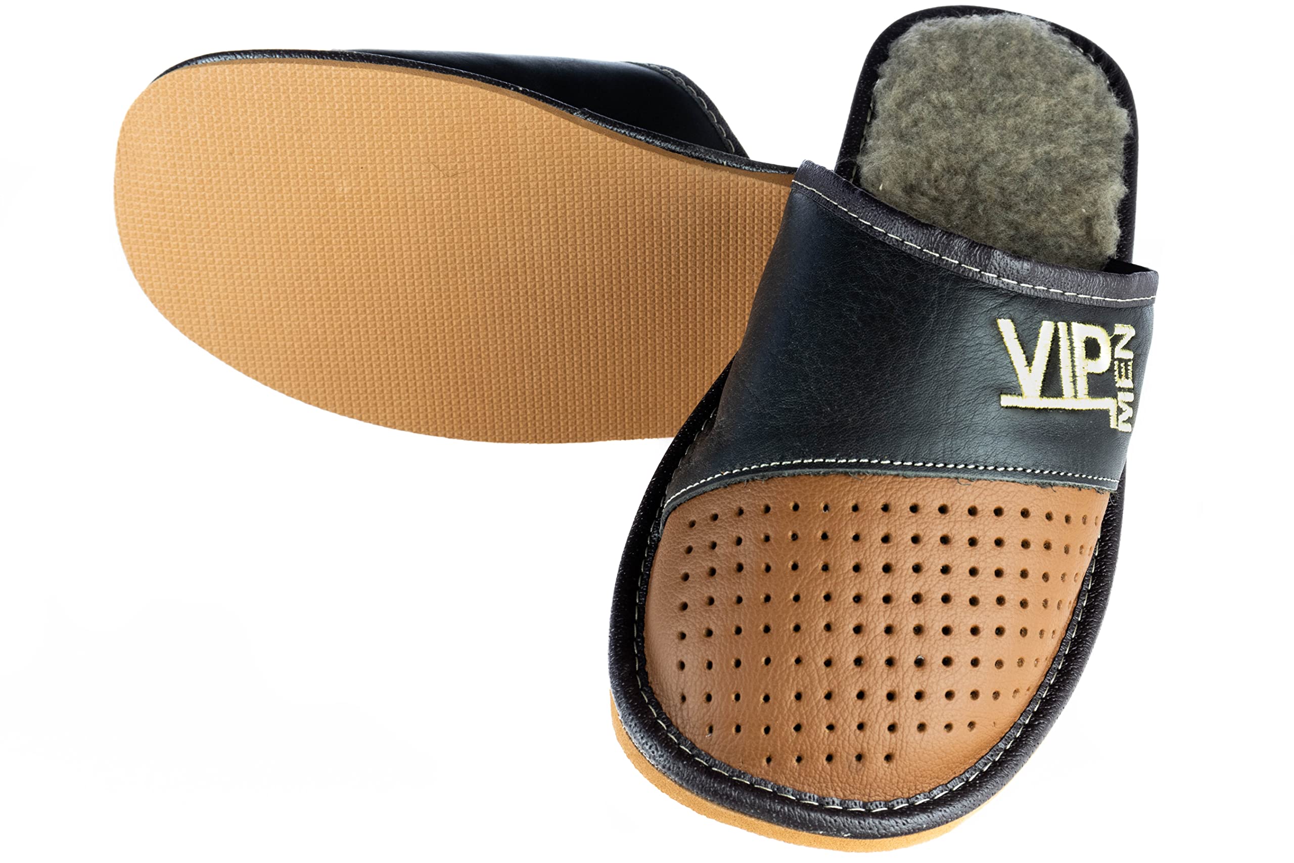 APREGGIO - Men's leather slippers with fur men's slippers - rubber sole - slippers men's slippers slippers mules slippers VIP