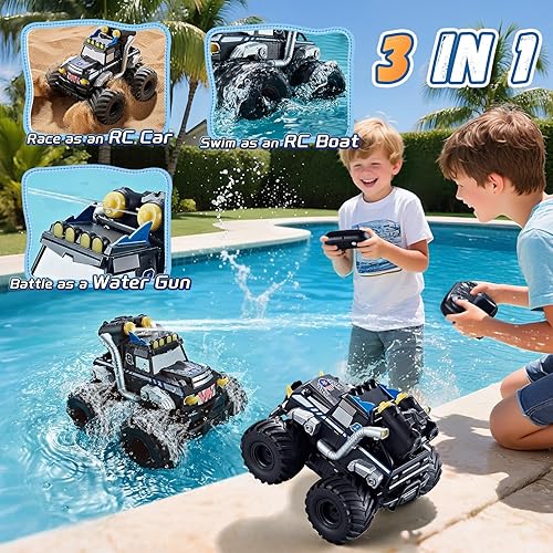 Miniatura 6 de Auto de control remoto anfibio 3 en 1, barco a control remotopistola de agua, 2.4 GHz, todo terreno, camiones monstruos impermeables para niños de 4