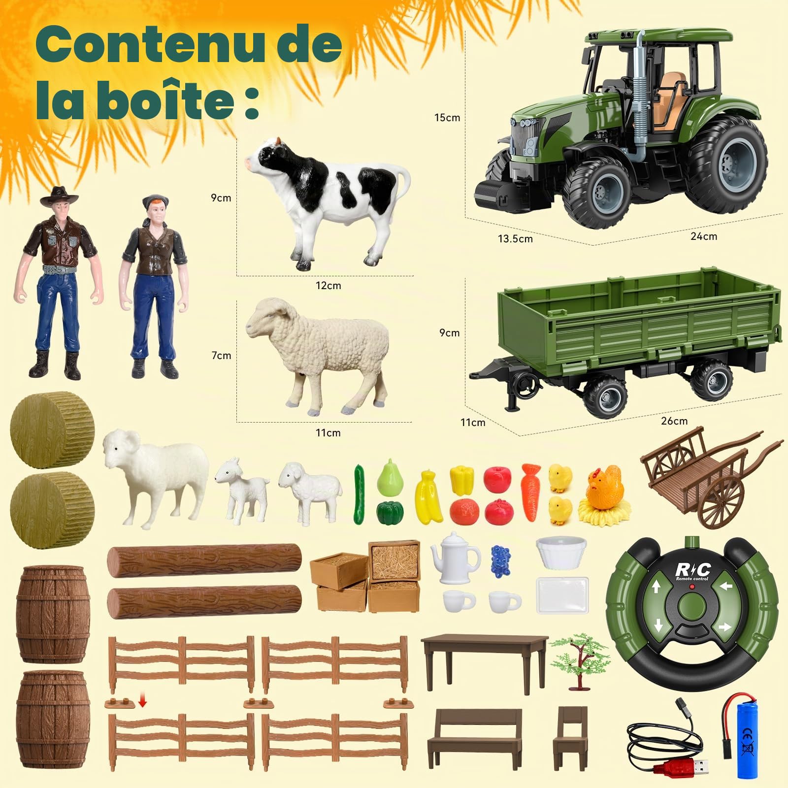 Tracteur télécommandé RC avec remorque, jouet de ferme avec animaux et figurines, commande 2.4GHz et 2 batteries , tracteur jouet pour enfants dès 3 ans, cadeau amusant pour les fêtes ou anniversaire