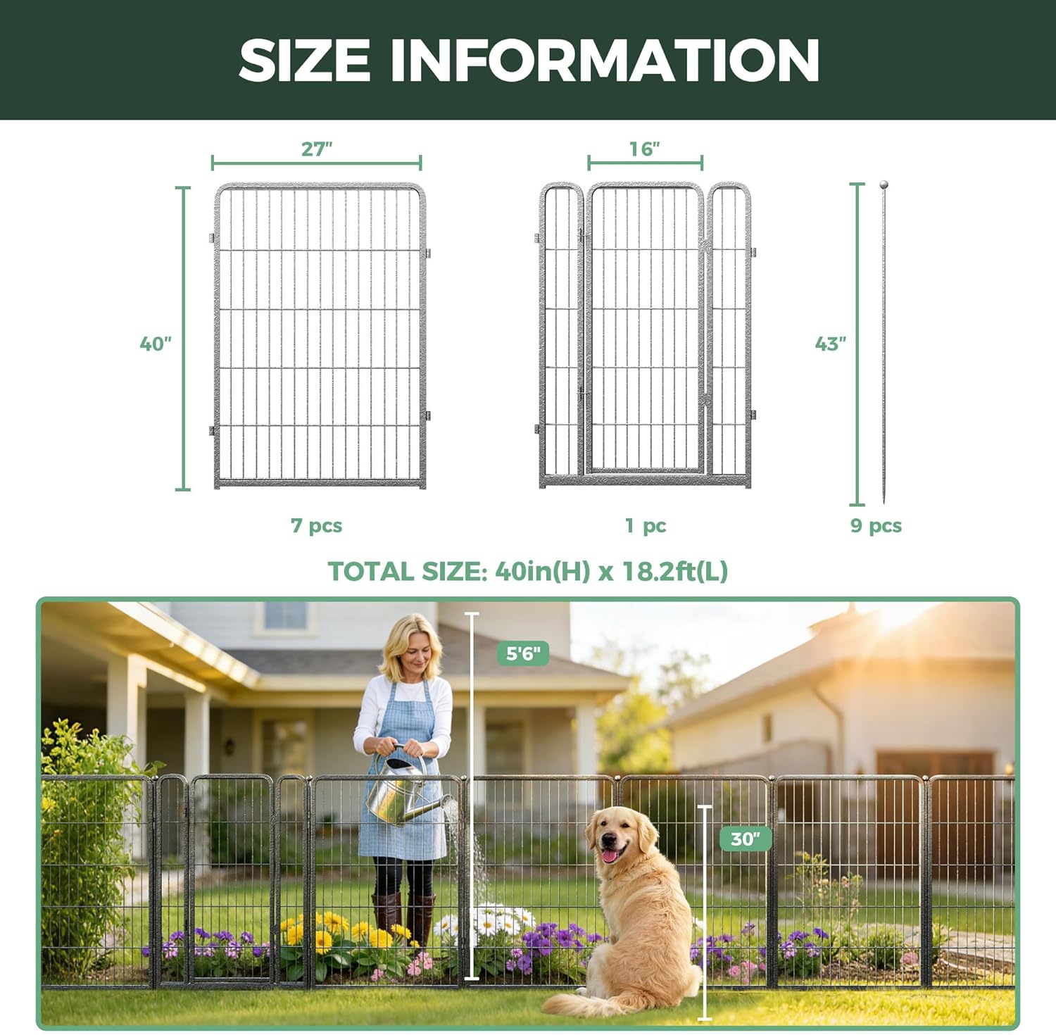 FXW Garden Fence Outdoor for the Yard – 40in(H) x 18.2ft(L) Heavy Duty Metal Animal Barrier for Dog, No Dig Decorative Dog Fence, 8 Panels, Silver