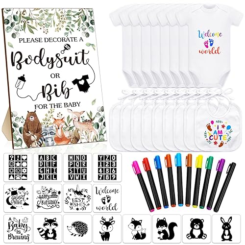 Miniatura 7 de Chuarry Kit de decoración de baberos de bebé de 43 piezas, 8 mamelucos de 2 capas, 10 marcadores de tela, 16 plantillas, letrero de baby shower