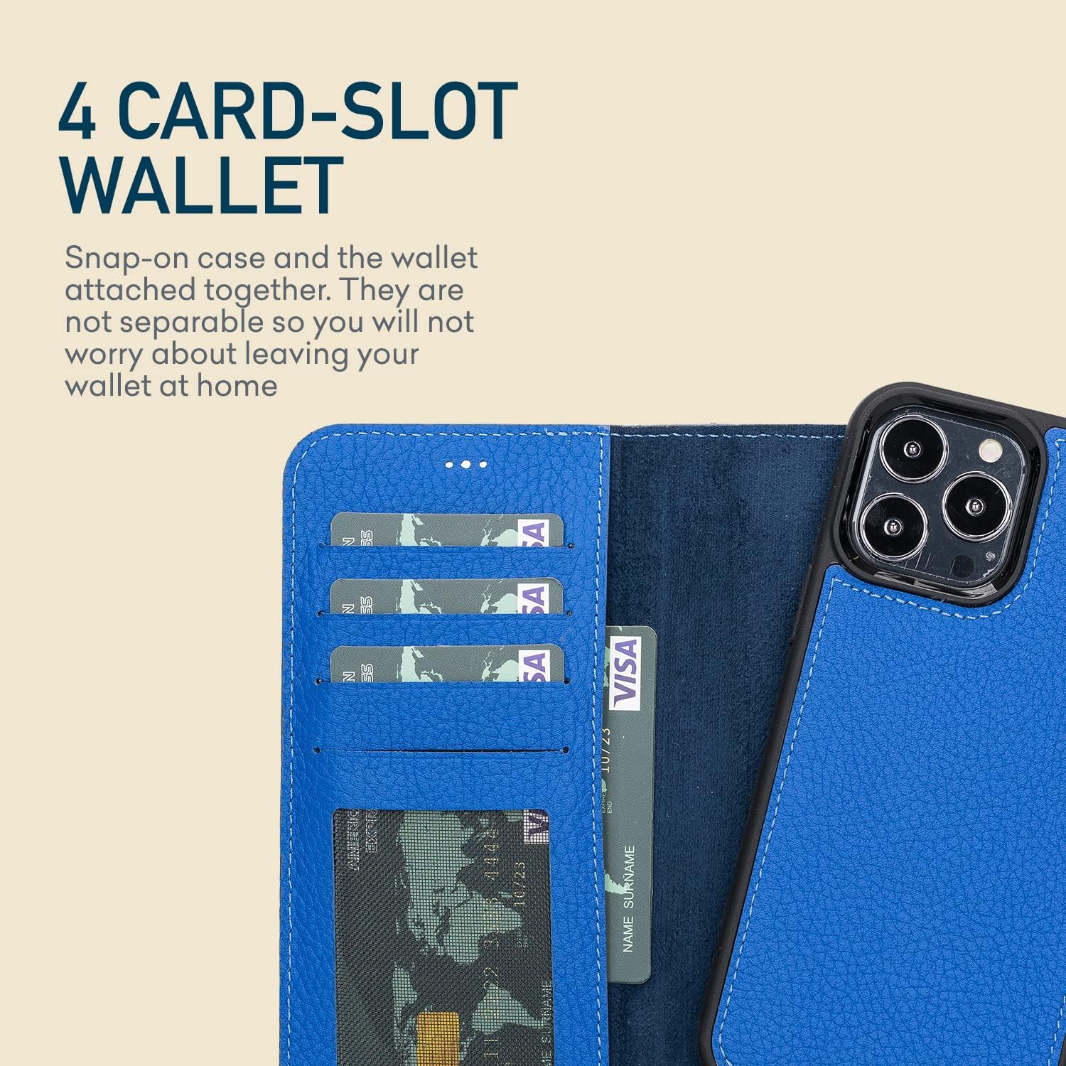 Bayelon Case for iPhone 13 Pro Max, Full Grain Leather Wallet Case, [2in1], Detachable Magnetic Flip Cover with Card Slots, Kickstand, MagSafe Compatible (Royal Blue)