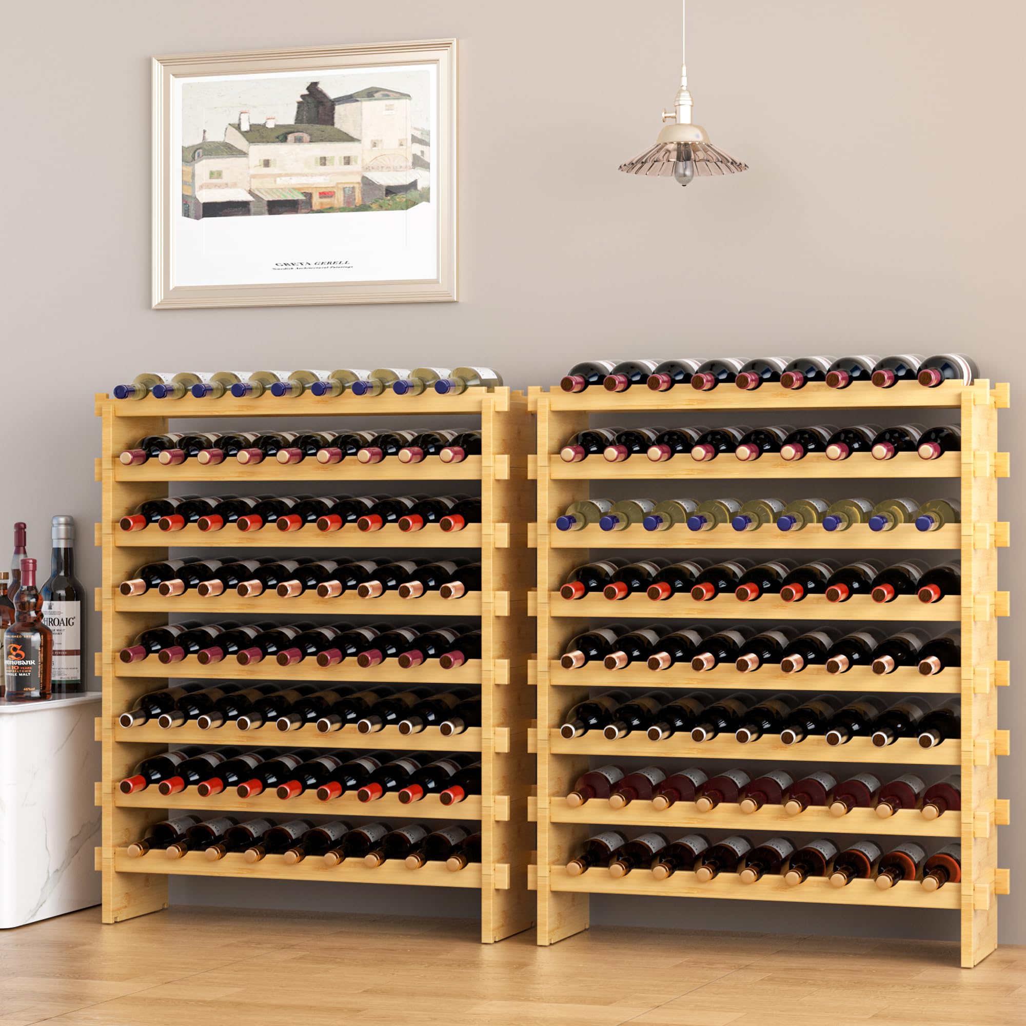 VASMIA Botellero de Bambú Apilable, Independiente para 72 Botellas, sin Montaje, 8 Niveles, para Cocina, Bar, Comedor, Sótano, Natural