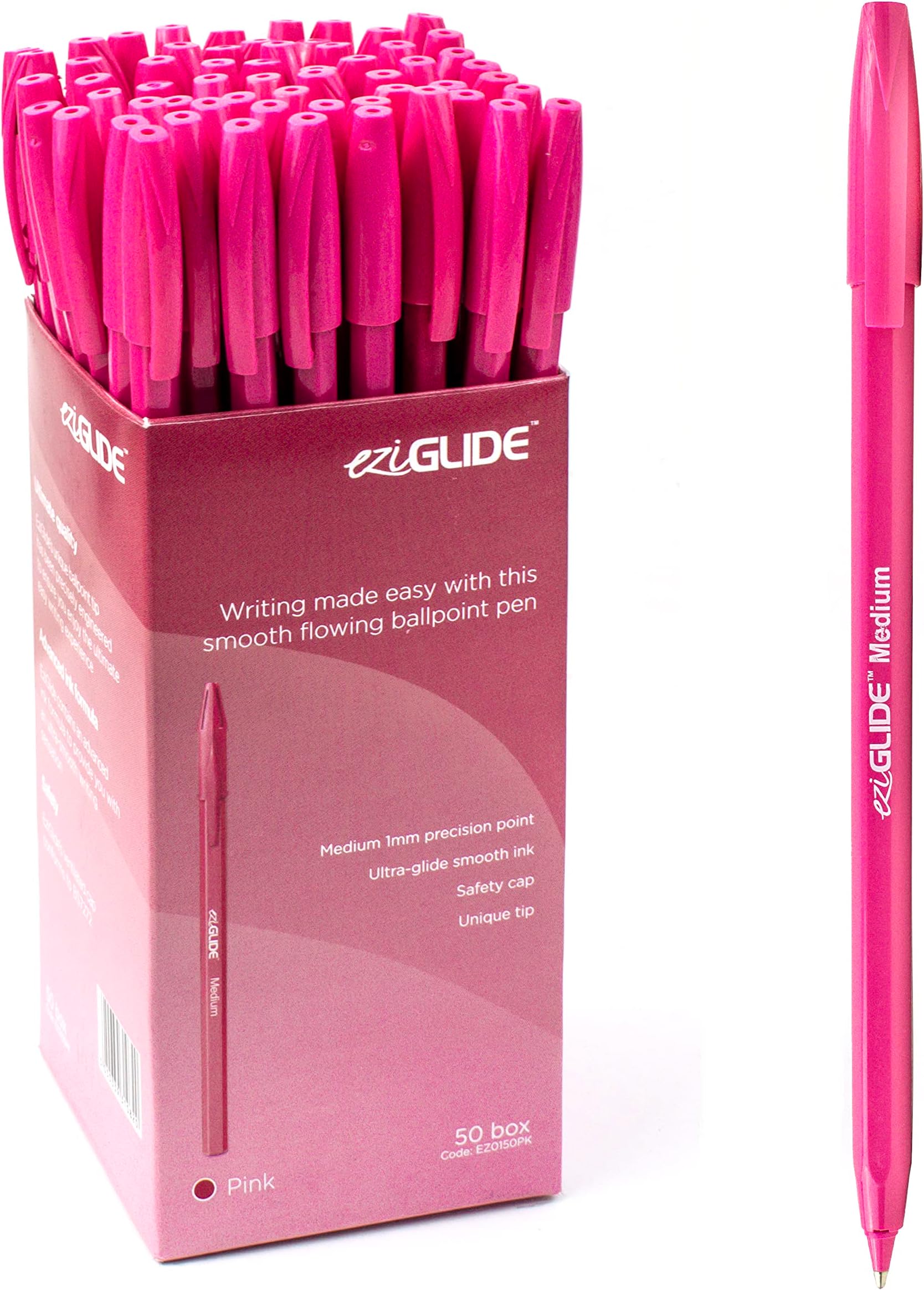 Eziglide 50-Pack Ballpoint Pen Set, Pink – Medium Nib (1.0mm) for Smooth Writing & Unique Tip – Ergonomic Grip, Long-Lasting Ink, Perfect for Home, School, Teachers, Work & Daily Handwriting