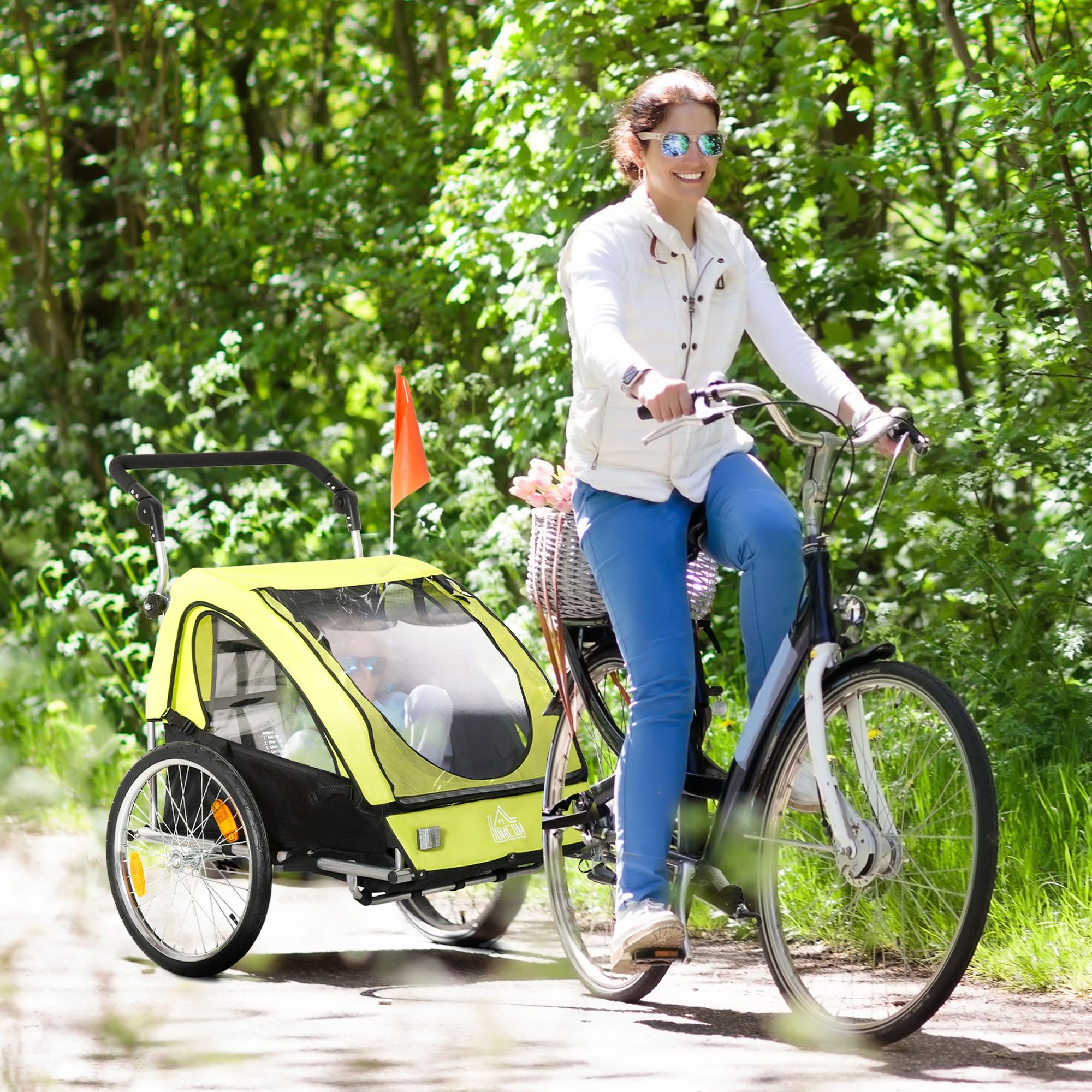 HOMCOM 2 in 1 Kinderanhänger Anhänger 360° Drehbar Fahrradanhänger 2 Kinder Buggy Kinderwagen mit Fünf-Punkt-Sicherheitsgurt Joggerfunktion Metall Oxford 160 x 84 x 106 cm