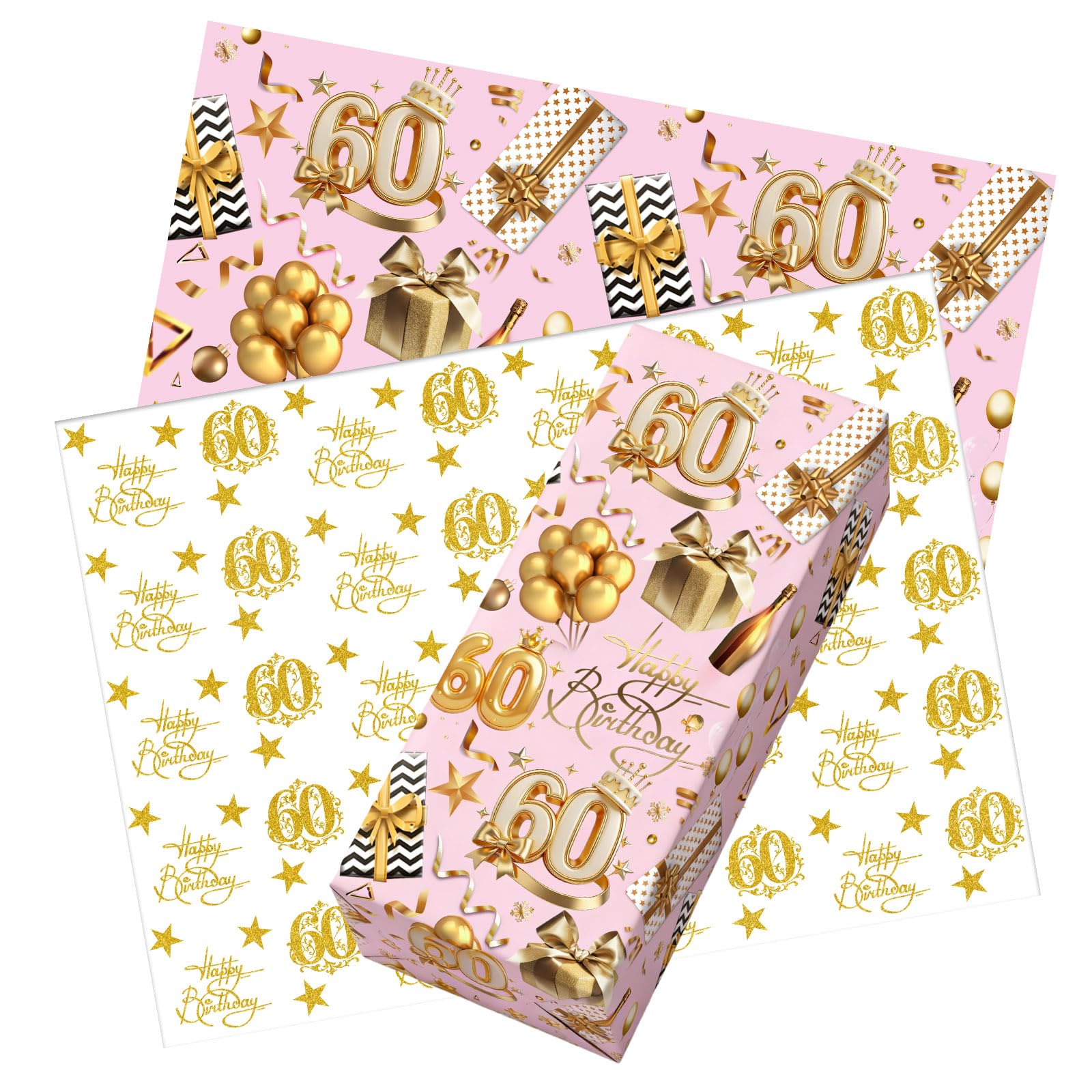 10pcs 60th Birthday Wrapping Paper,50 * 70cm Rose Gold 60th Happy Birthday Gift Wrap Paper and Tissue Paper Eco-friendly Gift Wrap Perfect for Wrapping Present or Flower for Girls Woman