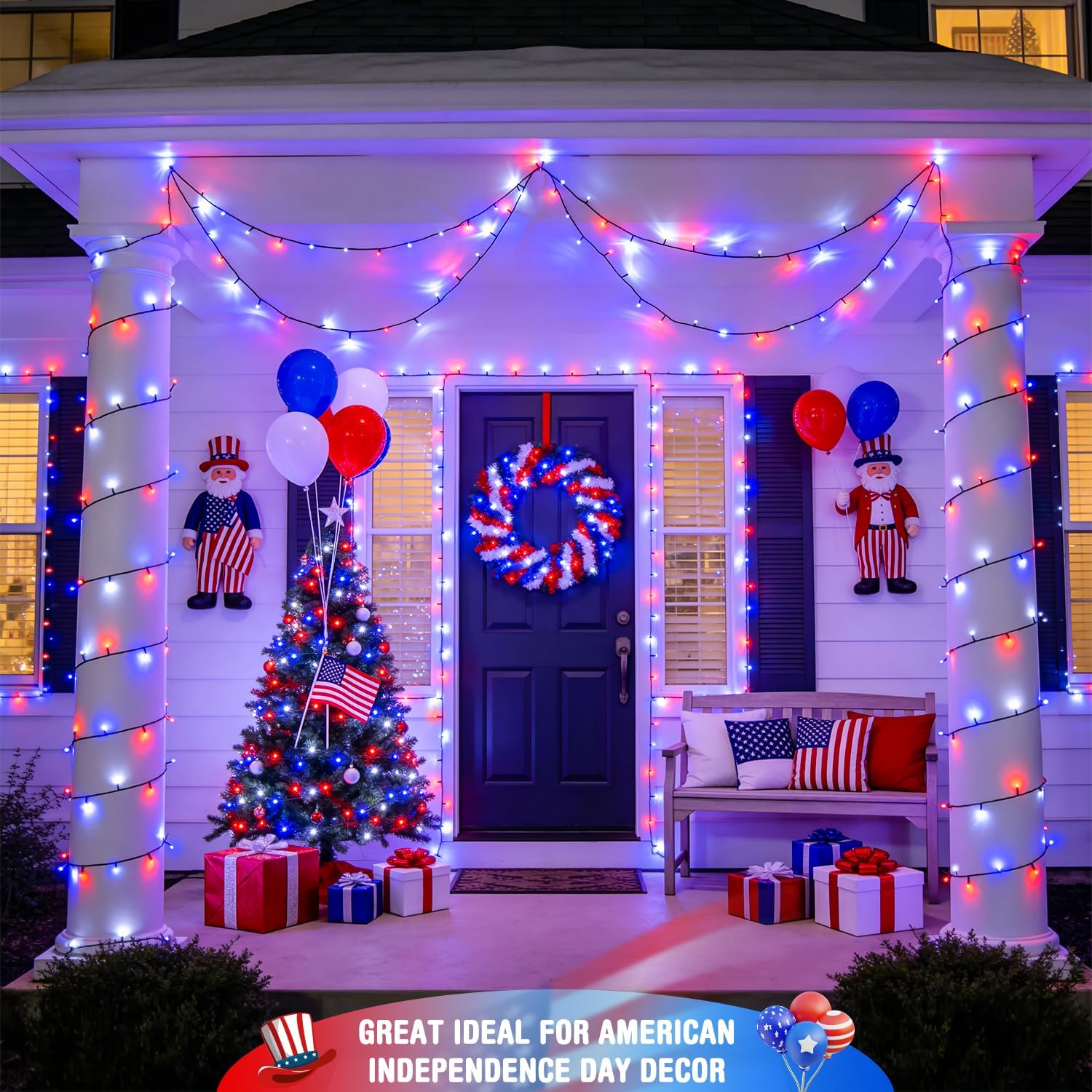 JMEXSUSS 250 LED Red White and Blue Lights for 4th of July Decorations - 91.5ft Connectable Patriotic Lights Outdoor Waterproof with 8 Modes for Home Yard Patio Party Decor