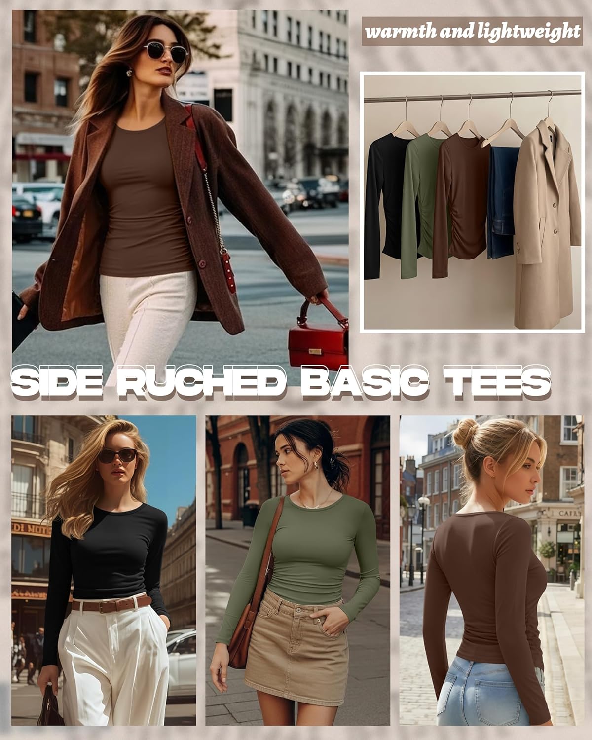 3 Pack Women's Long Sleeve Shirts Side Ruched Crew Neck Slim Fit Basic Tees Casual Stretchy Going Out Tops - Image 3