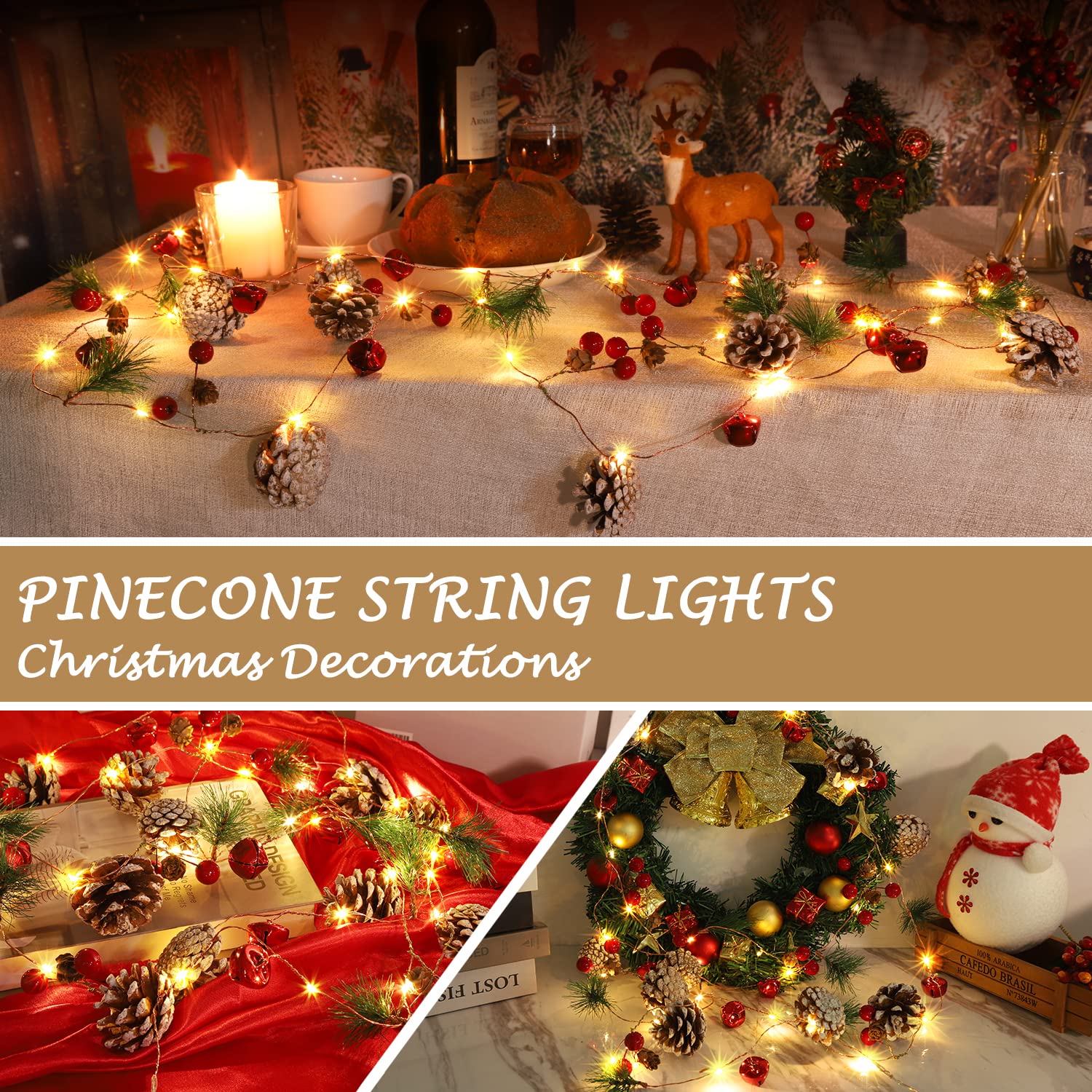 Guirnalda de Navidad, guirnalda de 30 luces LED de cono de pino de bayas rojas, decoración de árbol de Navidad, guirnalda de Navidad con luces, decoraciones de Navidad para interiores para decoración