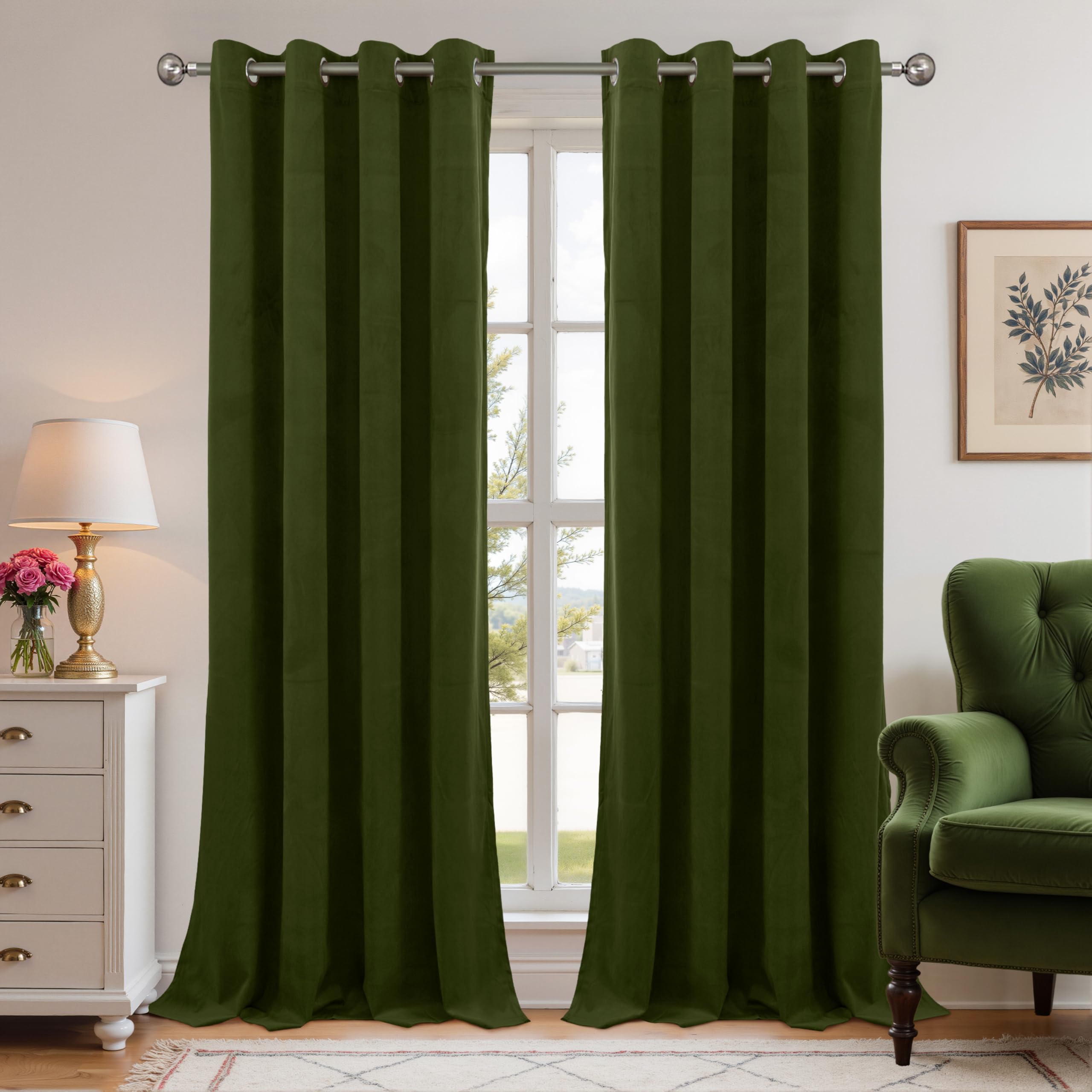 YoungsTex Extra Long Velvet Curtains 90 Inch Length for Living Room, Olive Green Thermal Insulated Drapes with Grommet Privacy for Sliding Door Bedroom, 2 Panels, 52 X 90 Inch โ image 1
